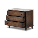 Featuring Odette Antique Belgium Bleach Marble Nightstand by Four Hands at Amethyst Home. Capturing the charm of vintage French storage, this solid mango wood nightstand stands tall with a polished marble top and softened ogee edges. Three spacious drawers are fitted with classic brass-button hardware. Natural marks and cracks are characteristic of the reclaime. Amethyst Home provides interior design, new home construction design consulting, vintage area rugs, and lighting in the Miami metro area.