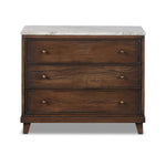 Featuring Odette Antique Belgium Bleach Marble Nightstand by Four Hands at Amethyst Home. Capturing the charm of vintage French storage, this solid mango wood nightstand stands tall with a polished marble top and softened ogee edges. Three spacious drawers are fitted with classic brass-button hardware. Natural marks and cracks are characteristic of the . Amethyst Home provides interior design, new home construction design consulting, vintage area rugs, and lighting in the Newport Beach metro area.