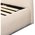 Featuring Quincy Lisbon Cream-King Bed by Four Hands at Amethyst Home. Modern, clean shaping meets inflated comfort with this padded, upholstered bed frame in a textural boucle-like pattern.  Text (251) 257-7986 for quick product details.Overall Dimensions: 92.25"W x 89.25"L x 48"H
Collection: EastonColors: Lisbon Cream ,BlackMaterials: 81% Pl, 19% Pc ,Solid . Amethyst Home provides interior design, new home construction design consulting, vintage area rugs, and lighting in the Houston metro area.