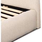 Featuring Quincy Lisbon Cream-King Bed by Four Hands at Amethyst Home. Modern, clean shaping meets inflated comfort with this padded, upholstered bed frame in a textural boucle-like pattern.  Text (251) 257-7986 for quick product details.Overall Dimensions: 92.25"W x 89.25"L x 48"H
Collection: EastonColors: Lisbon Cream ,BlackMaterials: 81% Pl, 19% Pc ,Solid . Amethyst Home provides interior design, new home construction design consulting, vintage area rugs, and lighting in the Houston metro area.