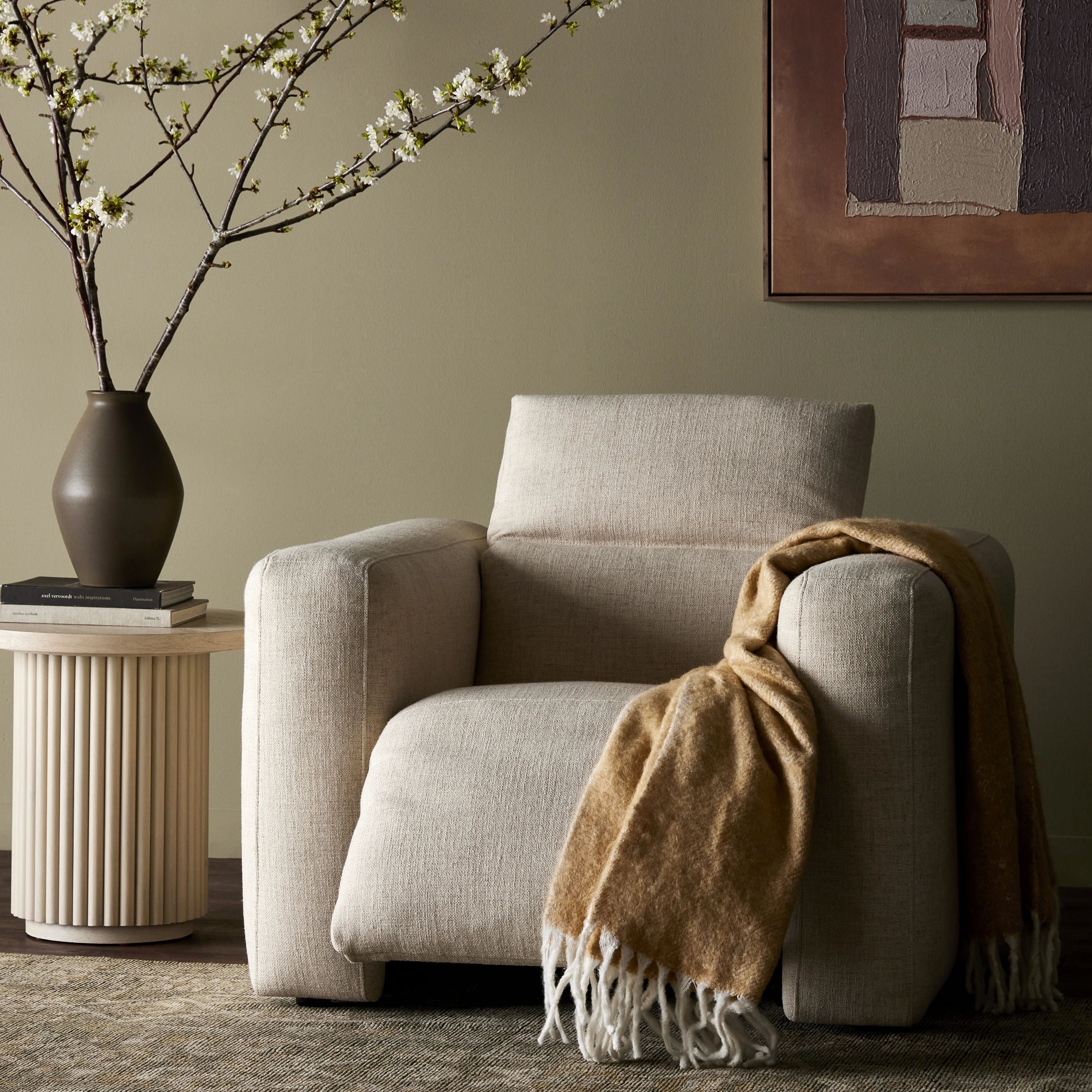 Featuring Radley Antigo Natural Motion Chair by Four Hands at Amethyst Home. A modern take on the classic recliner. Customize your comfort level with the push of hidden buttons with pieces in our Power Motion collection. Recliner chair features wide arms with a medium to supportive sit and seat height. Zero-clearance design means the chair can be placed up . Amethyst Home provides interior design, new home construction design consulting, vintage area rugs, and lighting in the Nashville metro area.