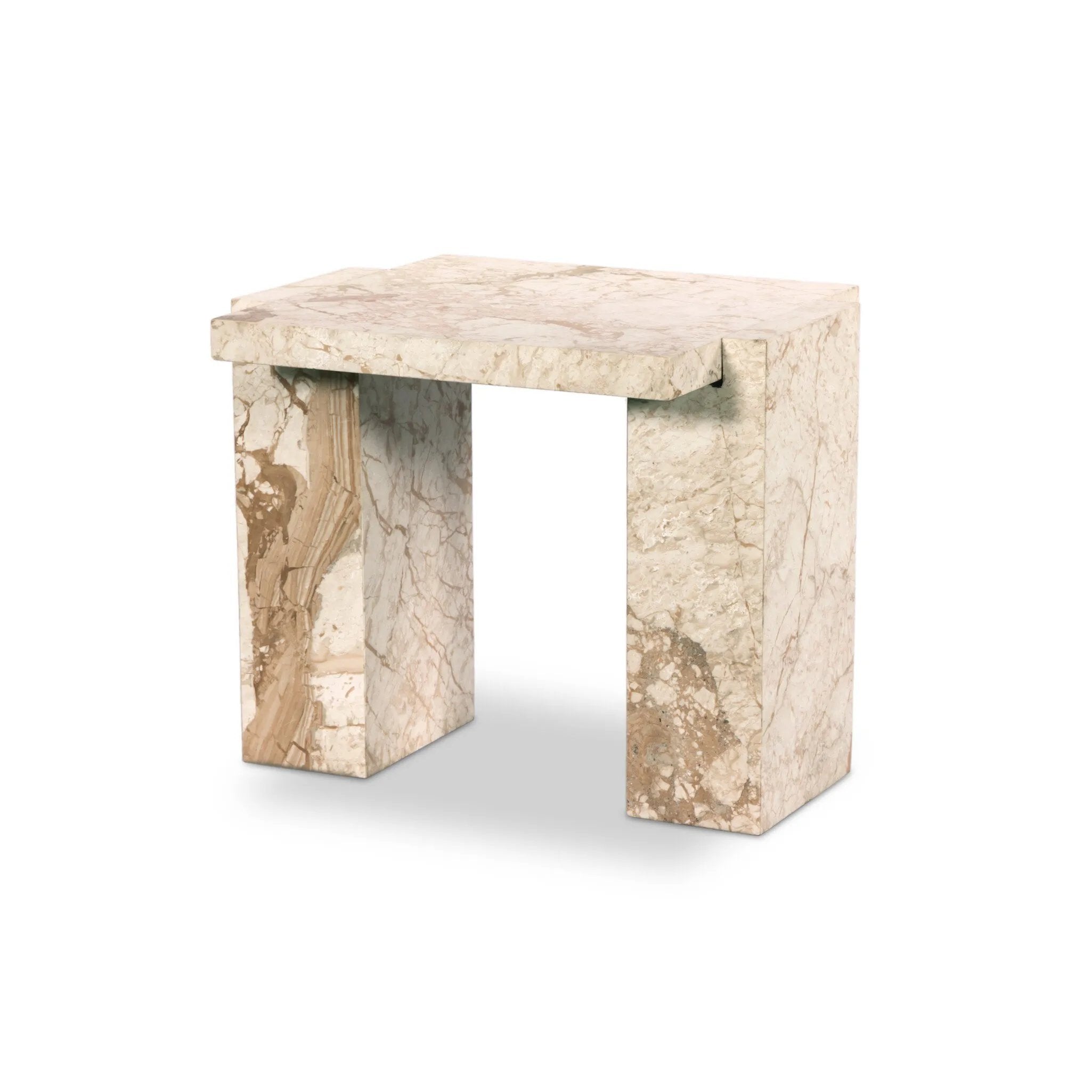 Featuring Romano Desert Taupe Marble End Table by Four Hands at Amethyst Home. Solid marble sheets are laminated to create cubed cradle bases for a thick-cut tabletop. Heavy veining and natural swirls speak to the nature of marble, with each piece being entirely unique.Collection: ElementColors: Desert Taupe MarbleMaterials: Solid Marble Weight: 110.804 l. Amethyst Home provides interior design, new home construction design consulting, vintage area rugs, and lighting in the Kansas City metro area.