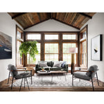 Featuring Rowen Chair - Thames Raven by Four Hands at Amethyst Home. Textural grey seating of performance-grade upholstery, with angular arms of exposed oak providing fresh contrast. Slim, carbon-finished steel legs for a dose of modern-industrial edge. Performance fabrics are specially created to withstand spills, stains, high traffic and wear, ensurin. Amethyst Home provides interior design, new home construction design consulting, vintage area rugs, and lighting in the Winter Garden metro area.