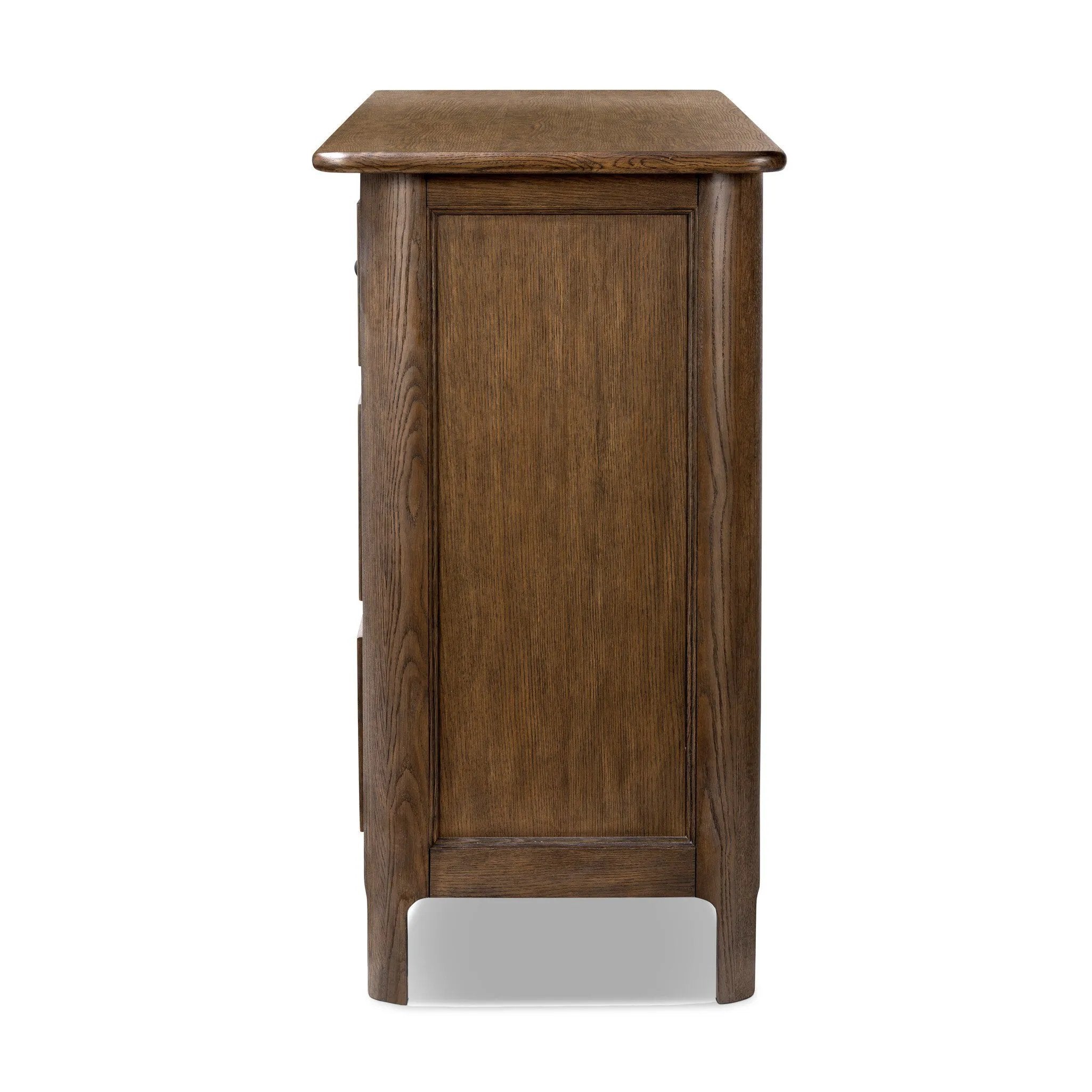 Featuring Russ Aged Oak Oversized Dresser by Four Hands at Amethyst Home. Like an heirloom dresser with three smaller drawers up top, this aged oak design has room for it all. Detailed with an overhang surface, carved edges top to bottom, angled legs and oval drawer pulls finished in dark gunmetal.
Overall Dimensions: 21.0" L x 72.0" W x 38.75" H
Collection: Bo. Amethyst Home provides interior design, new home construction design consulting, vintage area rugs, and lighting in the Miami metro area.