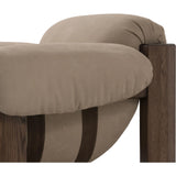 Featuring Samena Nubuck Sand Chair by Four Hands at Amethyst Home. A cozy spot for lounging and curling up with a good book. This statement-making chair features large overflowing cushioning that wraps around the arms and back. Designed with S spring construction and a solid oak frame. Upholstered in a smooth sueded leather with contrasting sling seating strap . Amethyst Home provides interior design, new home construction design consulting, vintage area rugs, and lighting in the Tampa metro area.