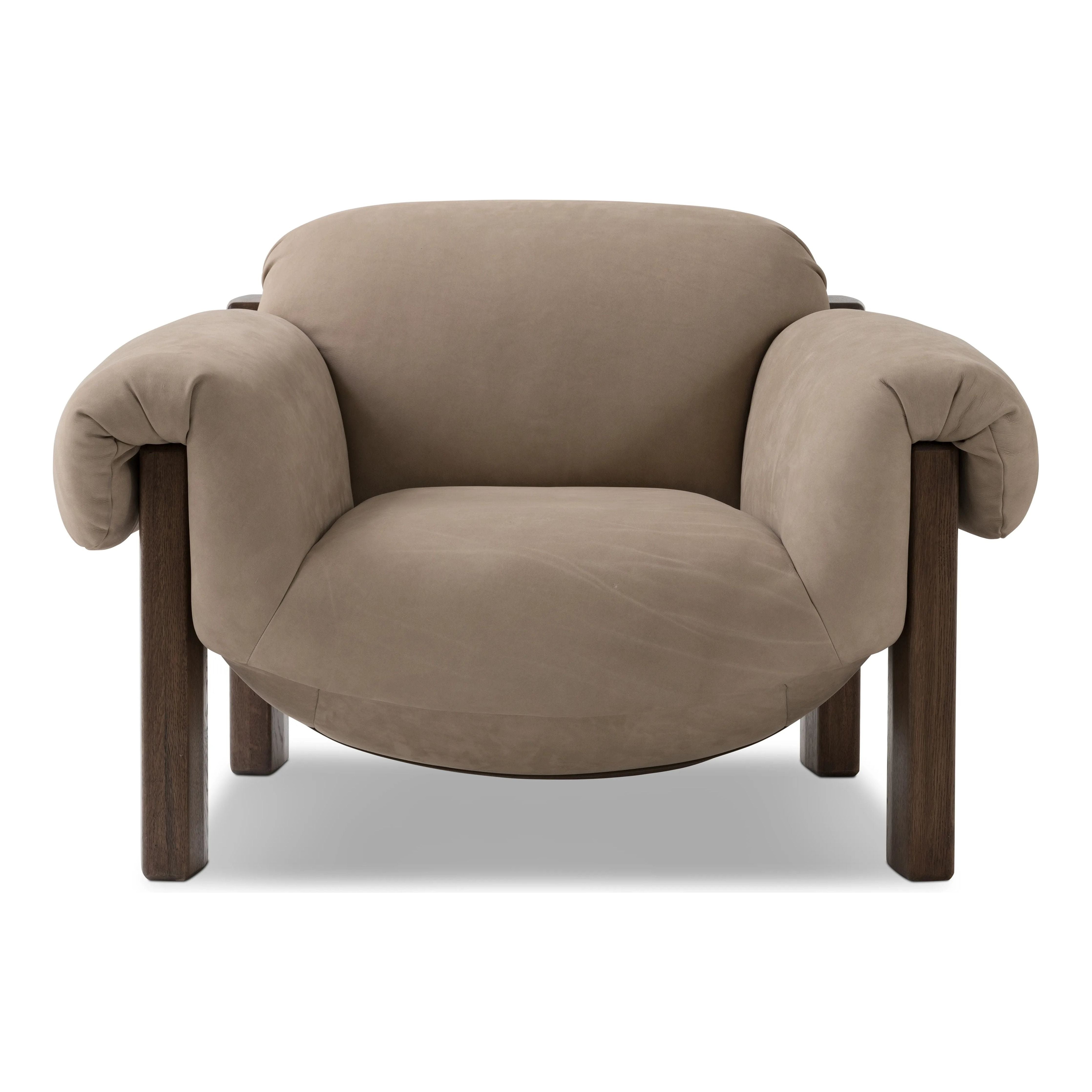 Featuring Samena Nubuck Sand Chair by Four Hands at Amethyst Home. A cozy spot for lounging and curling up with a good book. This statement-making chair features large overflowing cushioning that wraps around the arms and back. Designed with S spring construction and a solid oak frame. Upholstered in a smooth sueded leather with contrasting sling seatin. Amethyst Home provides interior design, new home construction design consulting, vintage area rugs, and lighting in the Winter Garden metro area.