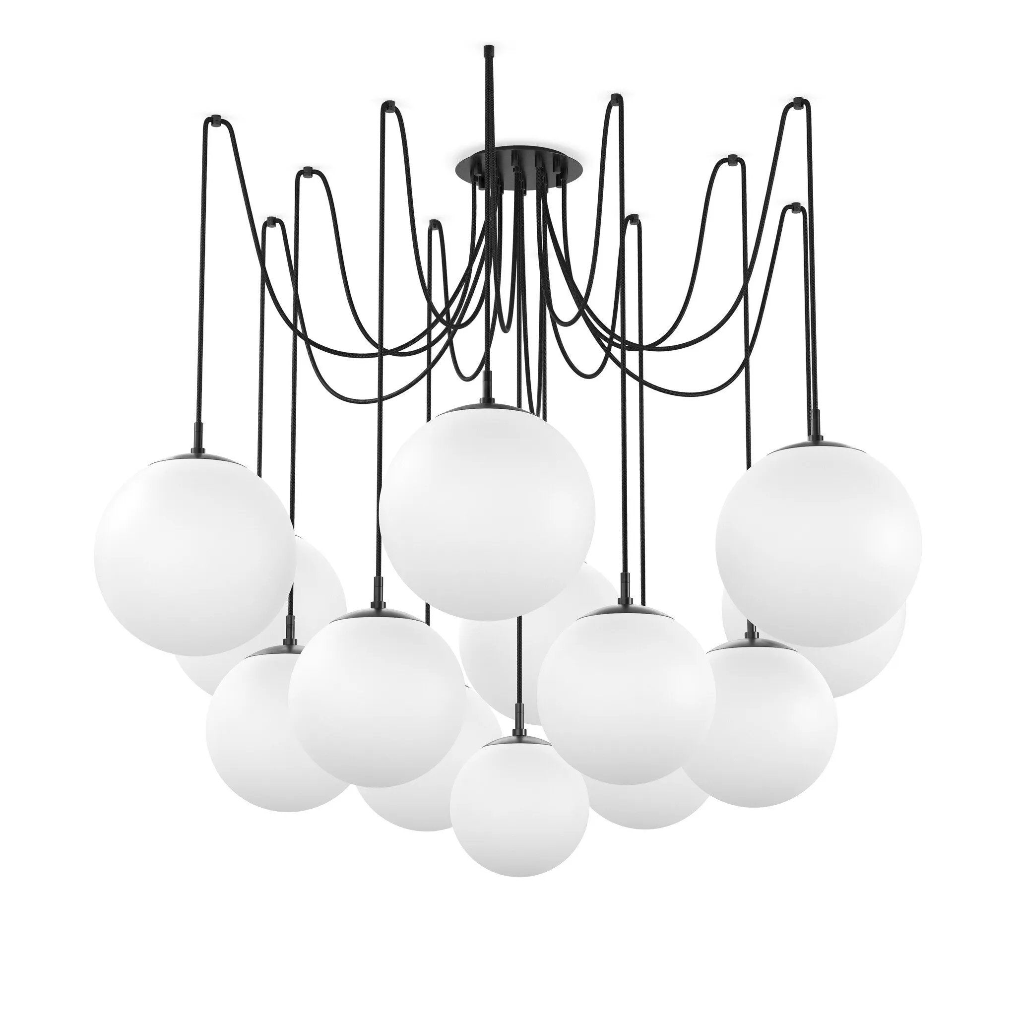 Featuring Spider Black Gunmetal Opal Matte Glass Cord Chandelier by Four Hands at Amethyst Home. Matte glass spheres float at varying lengths for a statement-making piece. Each globe is individually blown, shaped and sculpted by hand through a one-hour process. Matte glass is specially manufactured to evenly diffuse light. The finish on the brass frame i. Amethyst Home provides interior design, new home construction design consulting, vintage area rugs, and lighting in the Laguna Beach metro area.