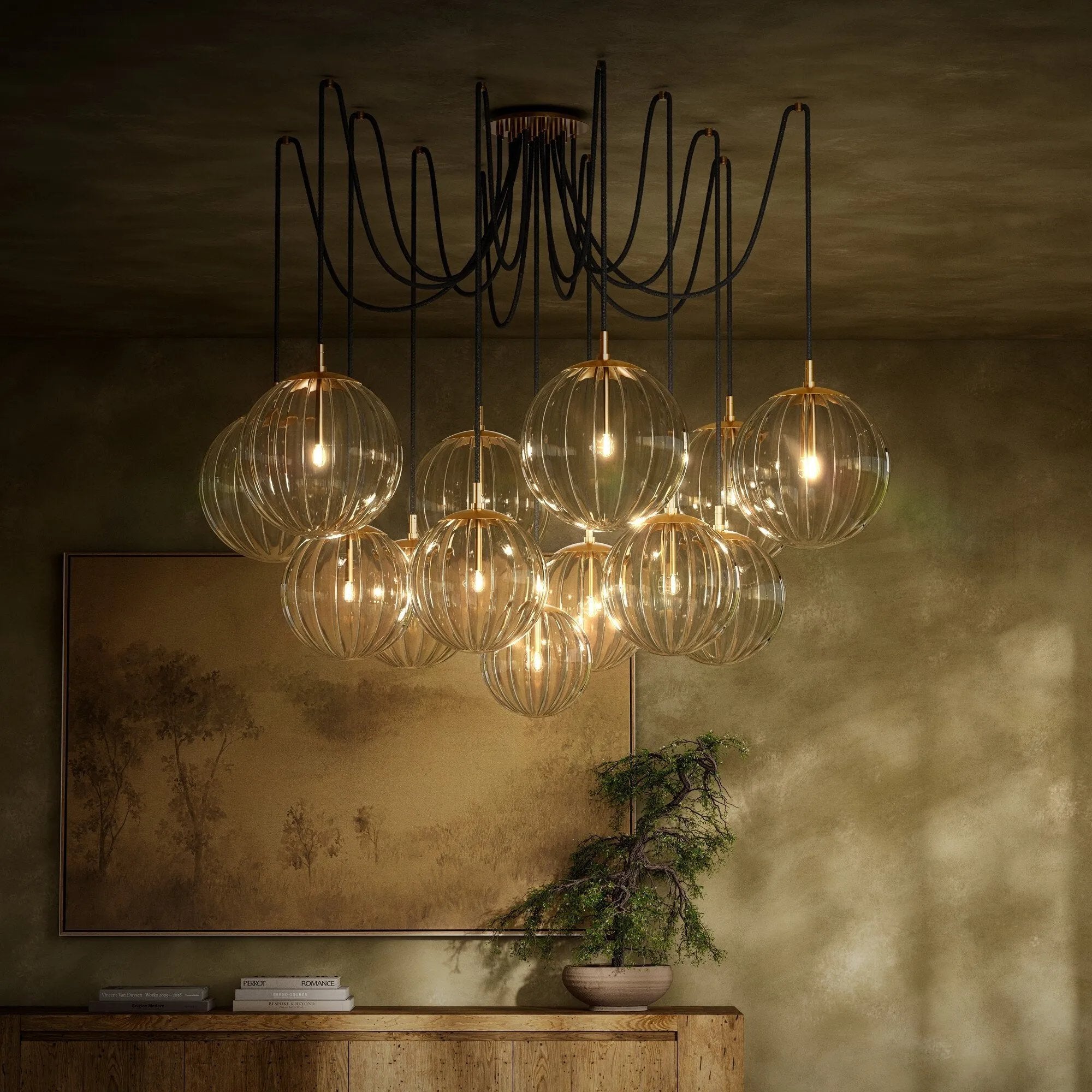 Featuring Spider Burnished Brass Clear Ribbon Glass Cord Chandelier by Four Hands at Amethyst Home. Clear glass spheres float at varying lengths for a statement-making piece. Each globe is individually blown, shaped and sculpted by hand through a one-hour process. Brass and glass are 98% recyclable. Designed and sustainably crafted in Poland by Schwung.
Overall. Amethyst Home provides interior design, new home construction design consulting, vintage area rugs, and lighting in the Miami metro area.