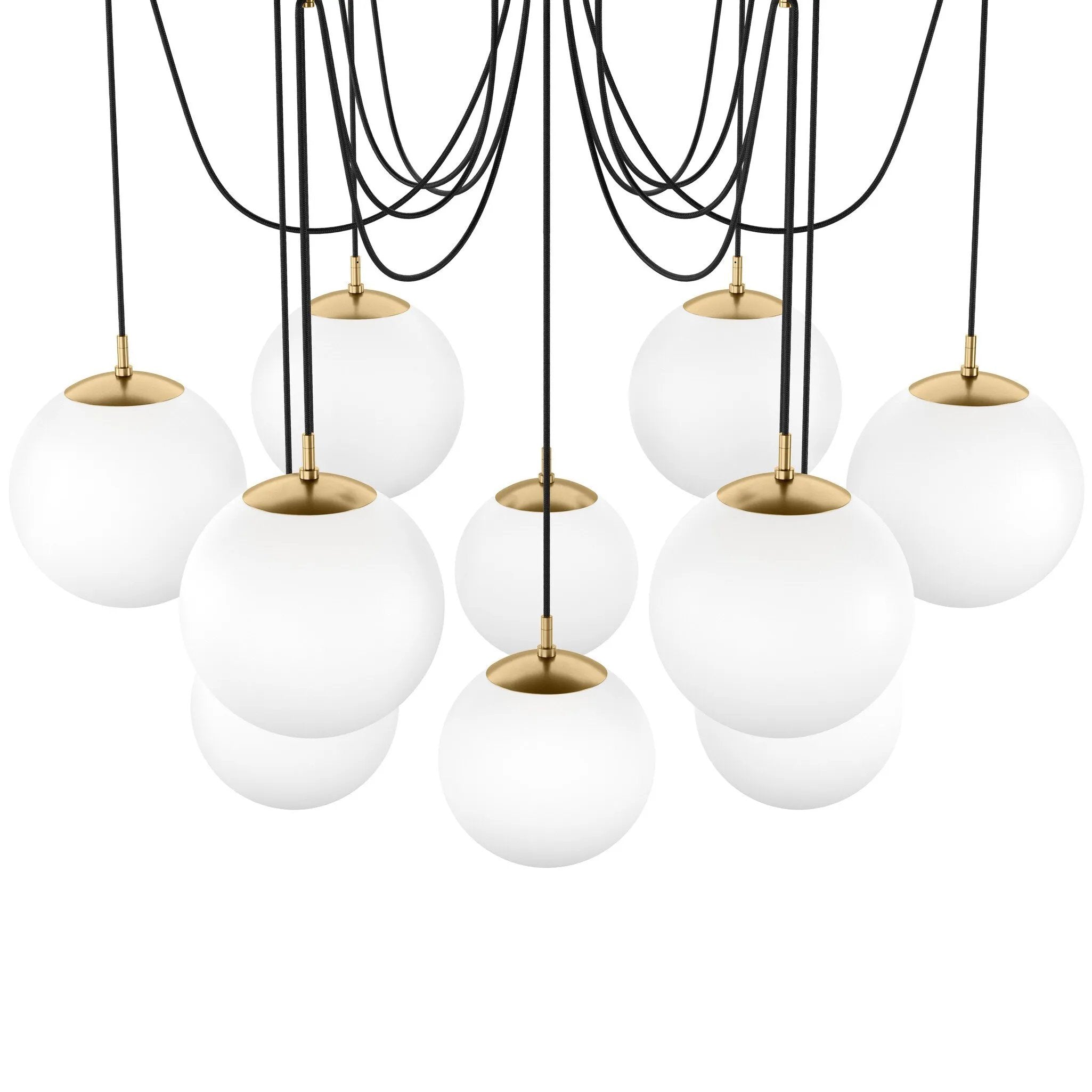 Featuring Spider Burnished Brass Opal Matte Glass Cord Chandelier by Four Hands at Amethyst Home. Matte glass spheres float at varying lengths for a statement-making piece. Each globe is individually blown, shaped and sculpted by hand through a one-hour process. Matte glass is specially manufactured to evenly diffuse light. Brass and glass are 98% recyclable. Amethyst Home provides interior design, new home construction design consulting, vintage area rugs, and lighting in the Monterey metro area.