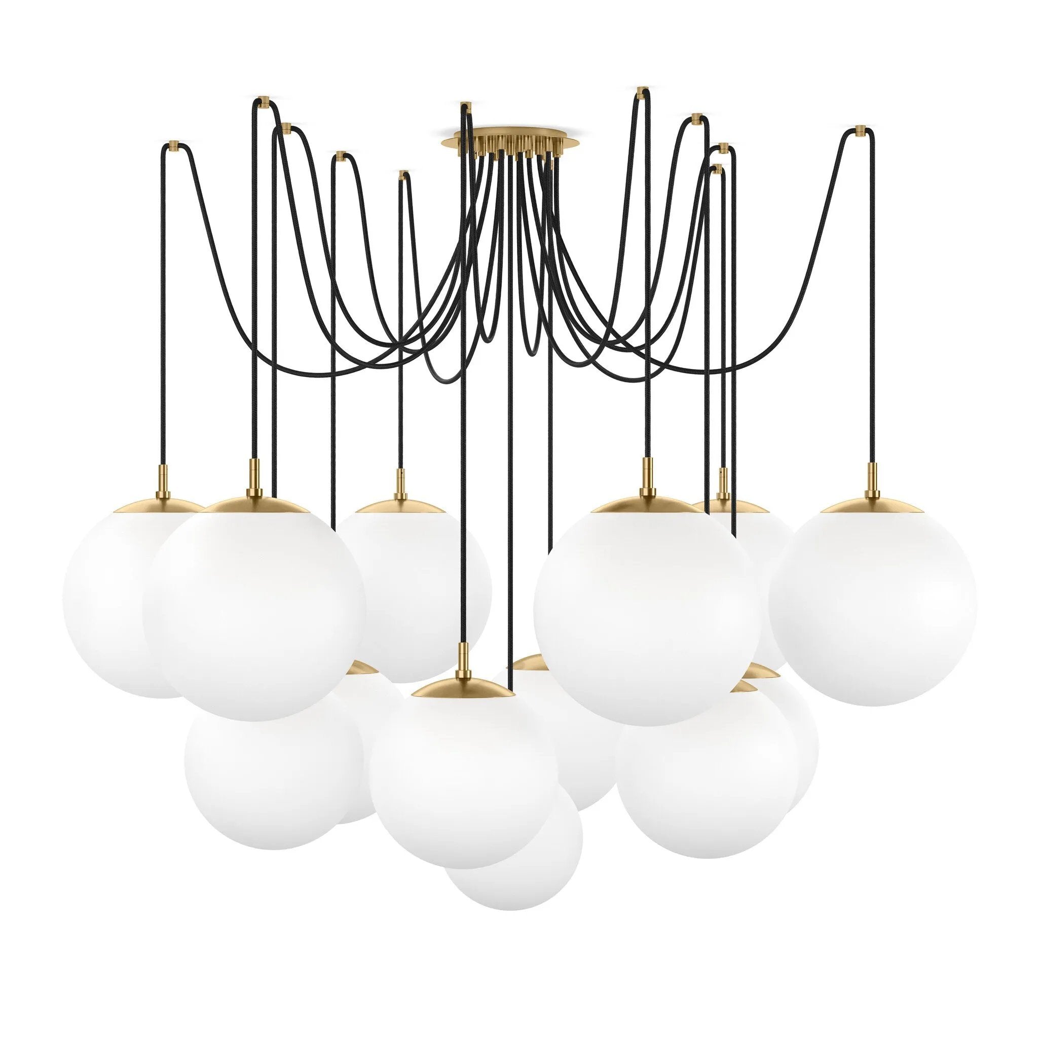 Featuring Spider Burnished Brass Opal Matte Glass Cord Chandelier by Four Hands at Amethyst Home. Matte glass spheres float at varying lengths for a statement-making piece. Each globe is individually blown, shaped and sculpted by hand through a one-hour process. Matte glass is specially manufactured to evenly diffuse light. Brass and glass are 98% recyclable.. Amethyst Home provides interior design, new home construction design consulting, vintage area rugs, and lighting in the Seattle metro area.