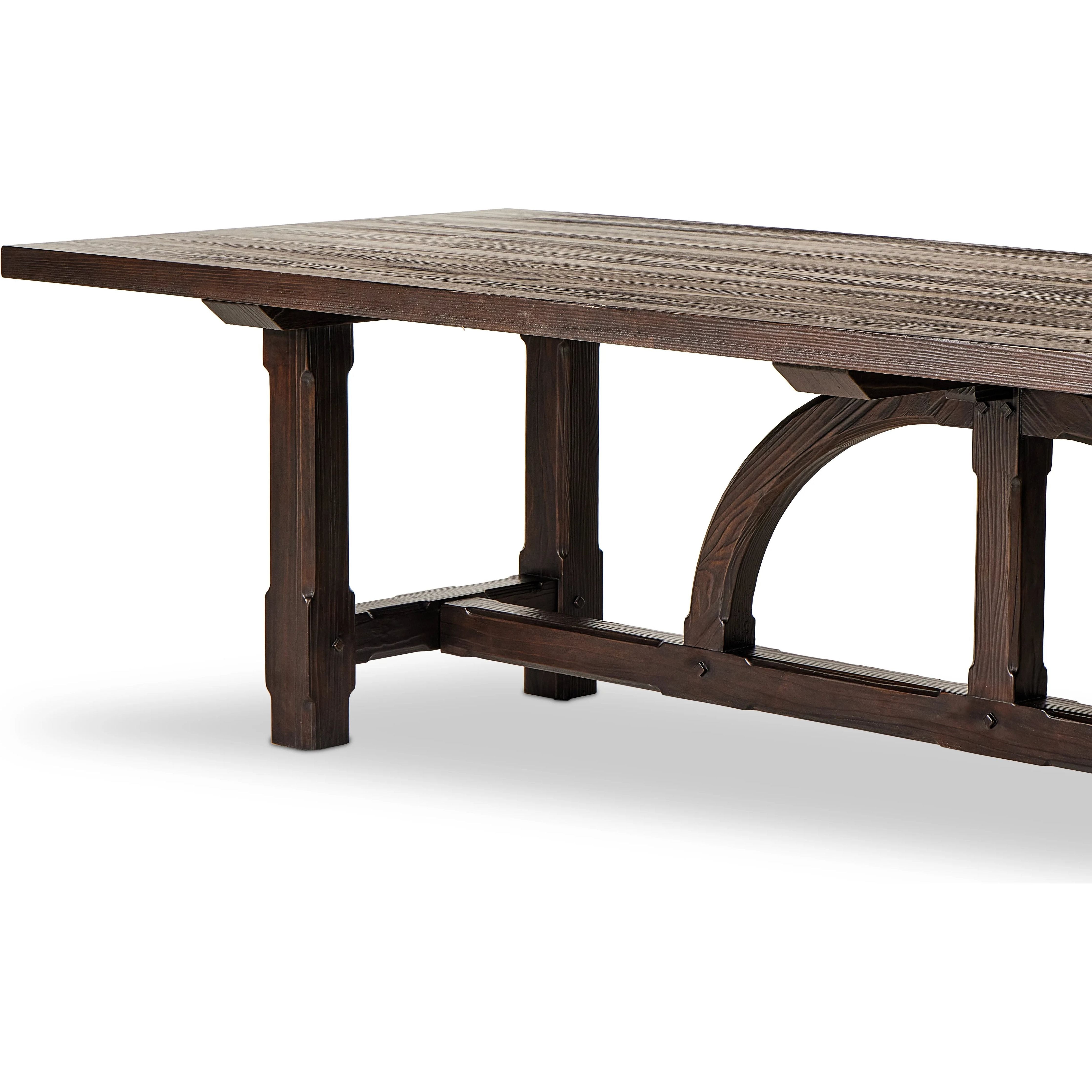 Featuring Arch Dining Table by Four Hands at Amethyst Home. Dark brown-finished pine shapes a beautifully arched harvest table. Seats 12. Beautiful pine with a timeless and durable aesthetic.Overall Dimensions: 44"W x 120"L x 30"HClearance from Floor: 4.75"Distance Between Legs (Front to Back): 18.25"Distance Between Legs (Side to Side): 84.50"Overhang: 13.75". Amethyst Home provides interior design, new home construction design consulting, vintage area rugs, and lighting in the Dallas metro area.