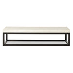 Featuring The Travertine Rectangular Coffee Table by Four Hands at Amethyst Home. Airy while substantial, for an intriguing balance of scale. Bronzed iron forms an open, angular frame for a rectangular tabletop of solid white travertine. By the makers at Van Thiel, known for their antique-inspired pieces and hand-applied finishes.Overall Dimensions: 33"W x 67. Amethyst Home provides interior design, new home construction design consulting, vintage area rugs, and lighting in the Houston metro area.