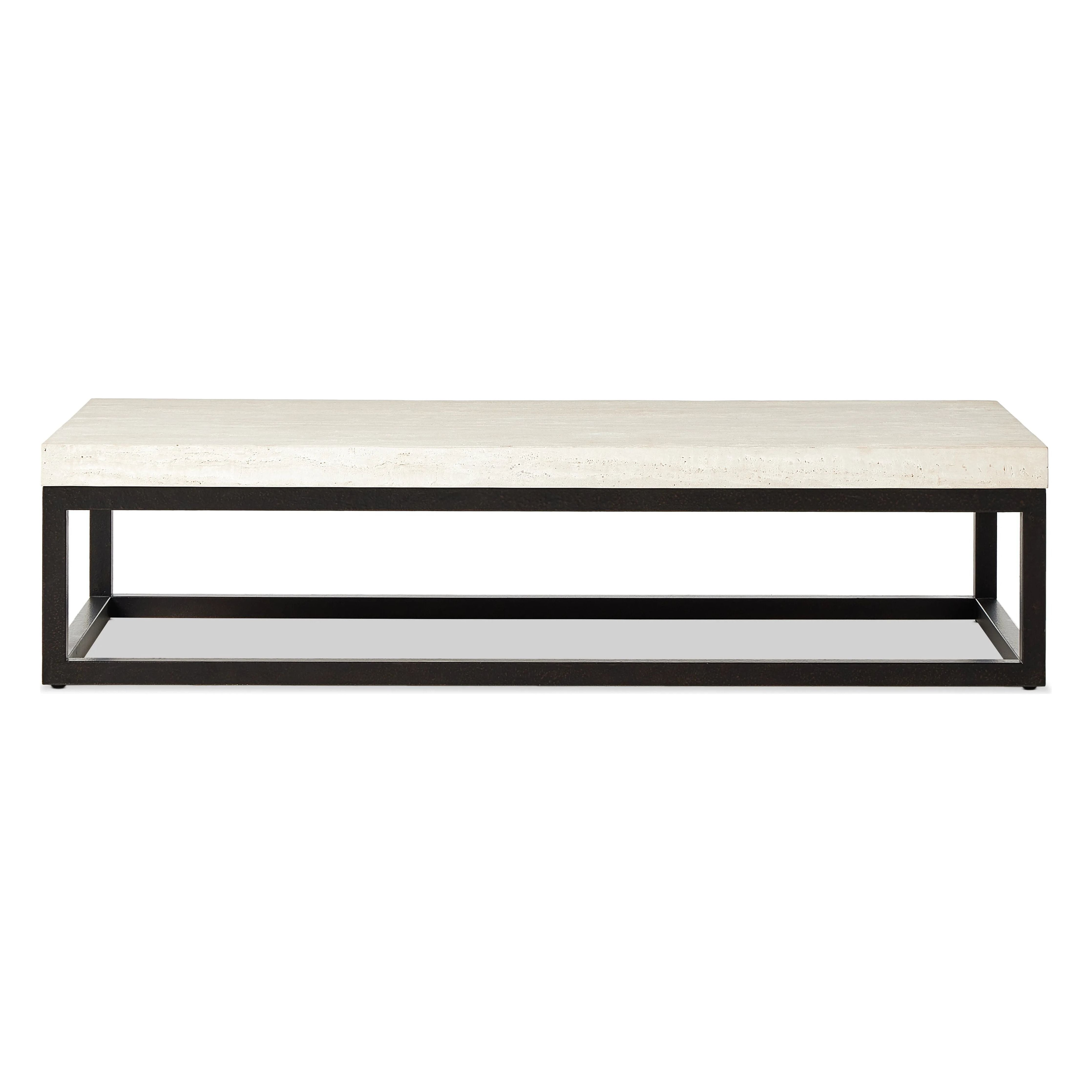 Featuring The Travertine Rectangular Coffee Table by Four Hands at Amethyst Home. Airy while substantial, for an intriguing balance of scale. Bronzed iron forms an open, angular frame for a rectangular tabletop of solid white travertine. By the makers at Van Thiel, known for their antique-inspired pieces and hand-applied finishes.Overall Dimensions: 33"W x 67. Amethyst Home provides interior design, new home construction design consulting, vintage area rugs, and lighting in the Houston metro area.