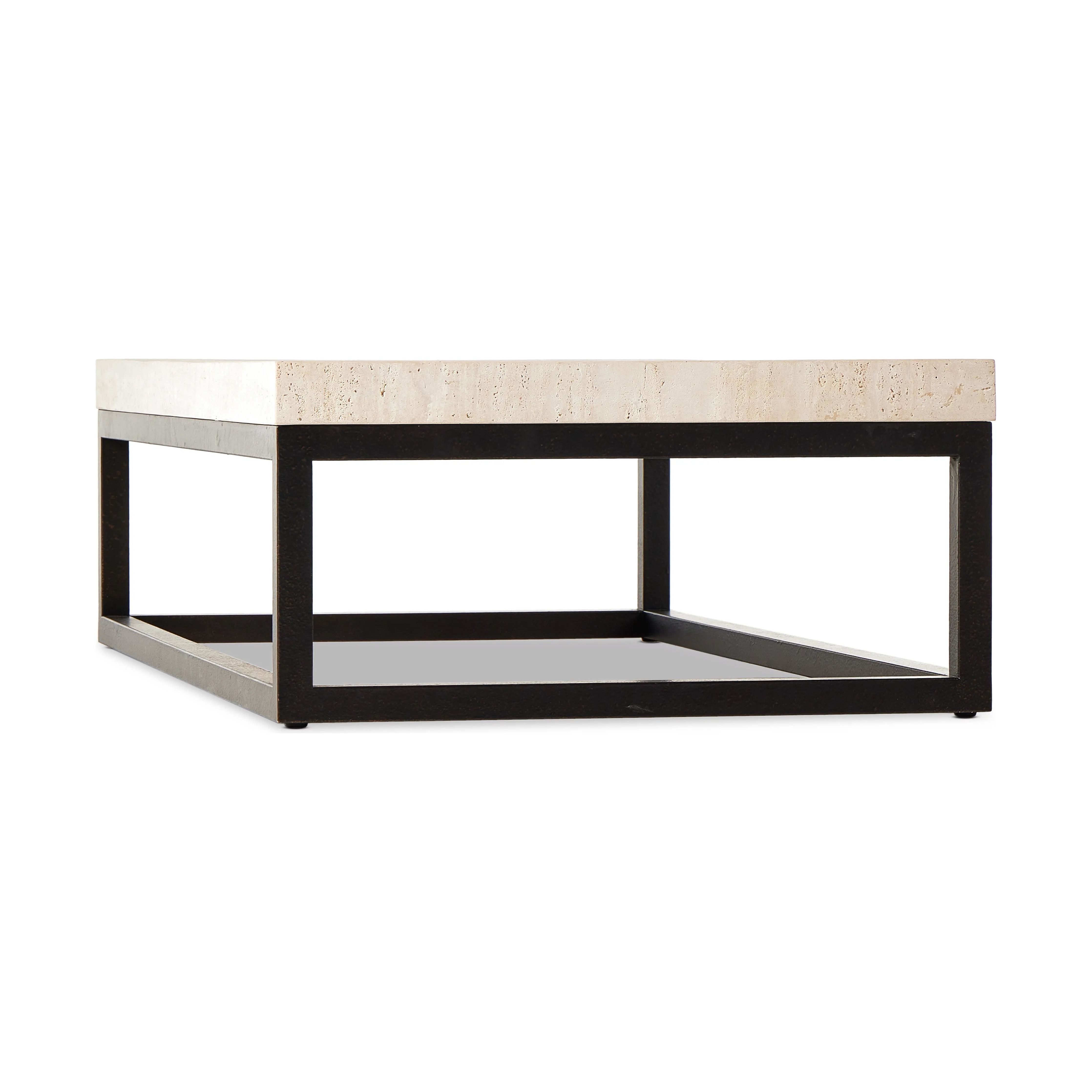 Featuring The Travertine Rectangular Coffee Table by Four Hands at Amethyst Home. Airy while substantial, for an intriguing balance of scale. Bronzed iron forms an open, angular frame for a rectangular tabletop of solid white travertine. By the makers at Van Thiel, known for their antique-inspired pieces and hand-applied finishes.Overall Dimensions: 33"W x 67. Amethyst Home provides interior design, new home construction design consulting, vintage area rugs, and lighting in the Seattle metro area.