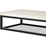 Featuring The Travertine Rectangular Coffee Table by Four Hands at Amethyst Home. Airy while substantial, for an intriguing balance of scale. Bronzed iron forms an open, angular frame for a rectangular tabletop of solid white travertine. By the makers at Van Thiel, known for their antique-inspired pieces and hand-applied finishes.Overall Dimensions: 33". Amethyst Home provides interior design, new home construction design consulting, vintage area rugs, and lighting in the Winter Garden metro area.