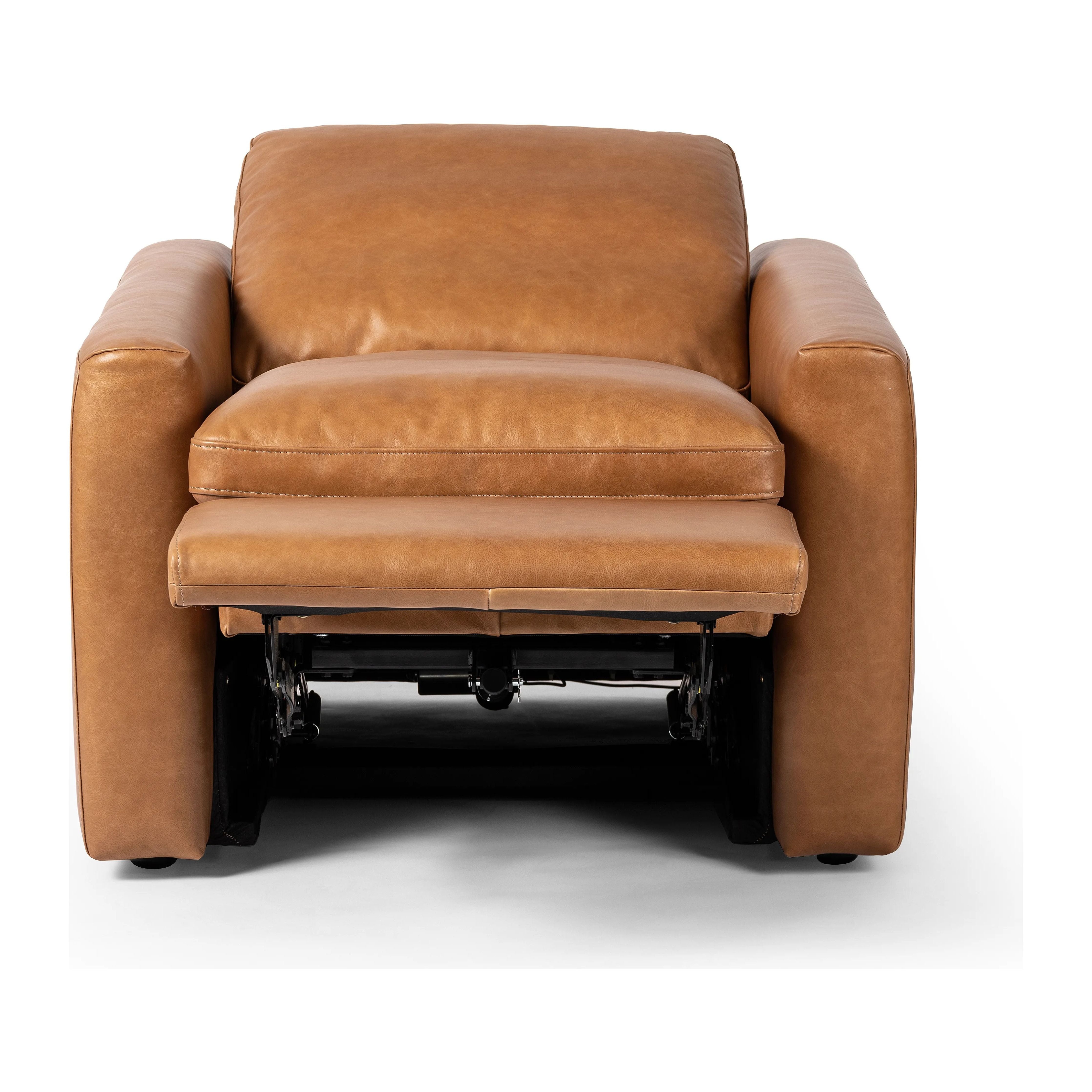 Featuring Tillery Sonoma Butterscotch Motion Chair by Four Hands at Amethyst Home. A modern take on the traditional recliner chair. Customize your comfort level with the push of hidden buttons with pieces in our Power Motion collection. Recliner features a slightly higher seat and backrest, low, sleek arms, and a motion footrest. Plush feather-blend cushions cr. Amethyst Home provides interior design, new home construction design consulting, vintage area rugs, and lighting in the Tampa metro area.