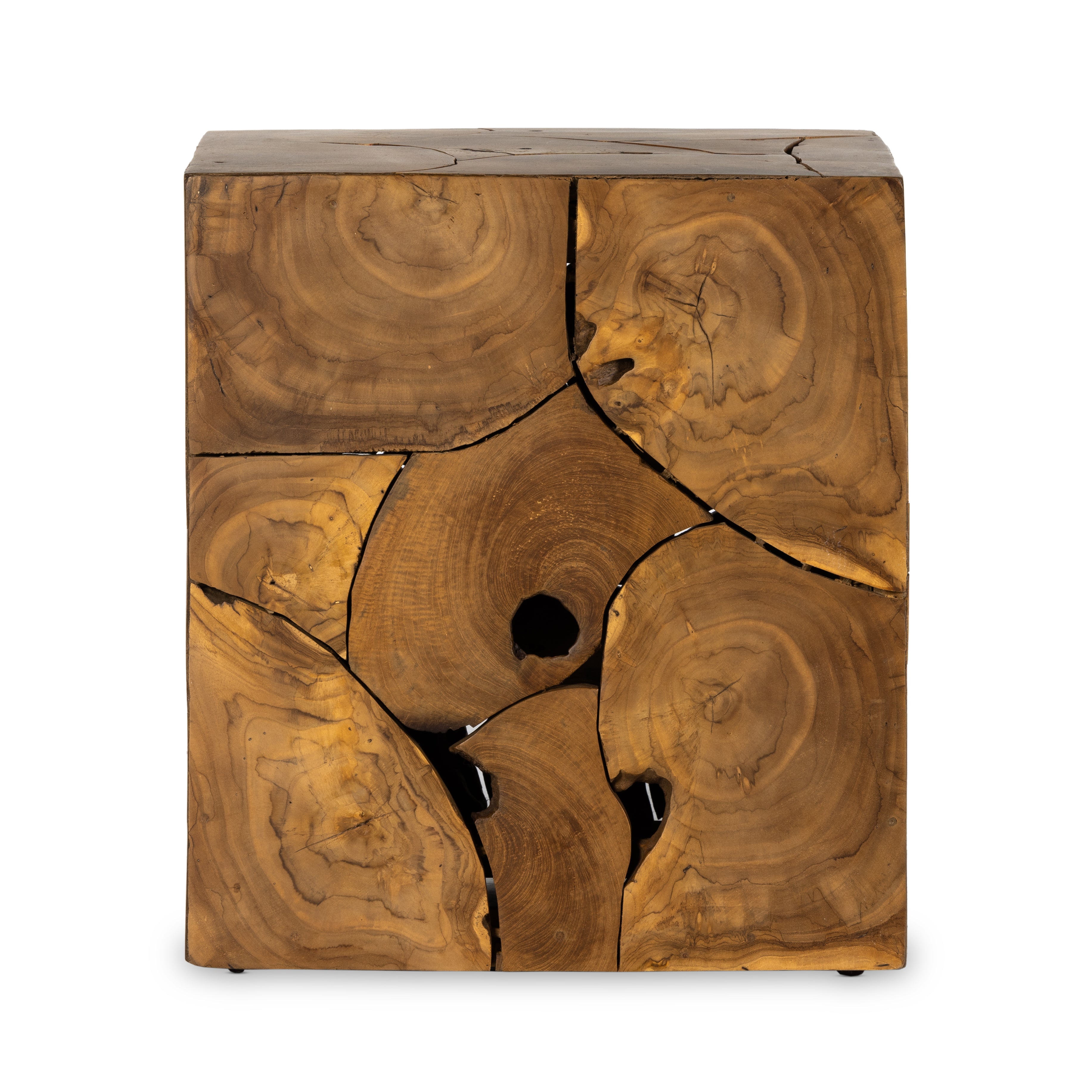 Featuring Tomlin Outdoor End Table by Four Hands at Amethyst Home. A unique layering piece - indoors or out. Made from laminated teak root with miter joinery, a simply shaped end table offers organic vibes and plenty of natural movement. Tables will vary from piece to piece, reflective of natural materials. Joint expansion may grow visible over time. Cover or store indoors dur. Amethyst Home provides interior design, new construction, custom furniture and area rugs in the Salt Lake City metro area