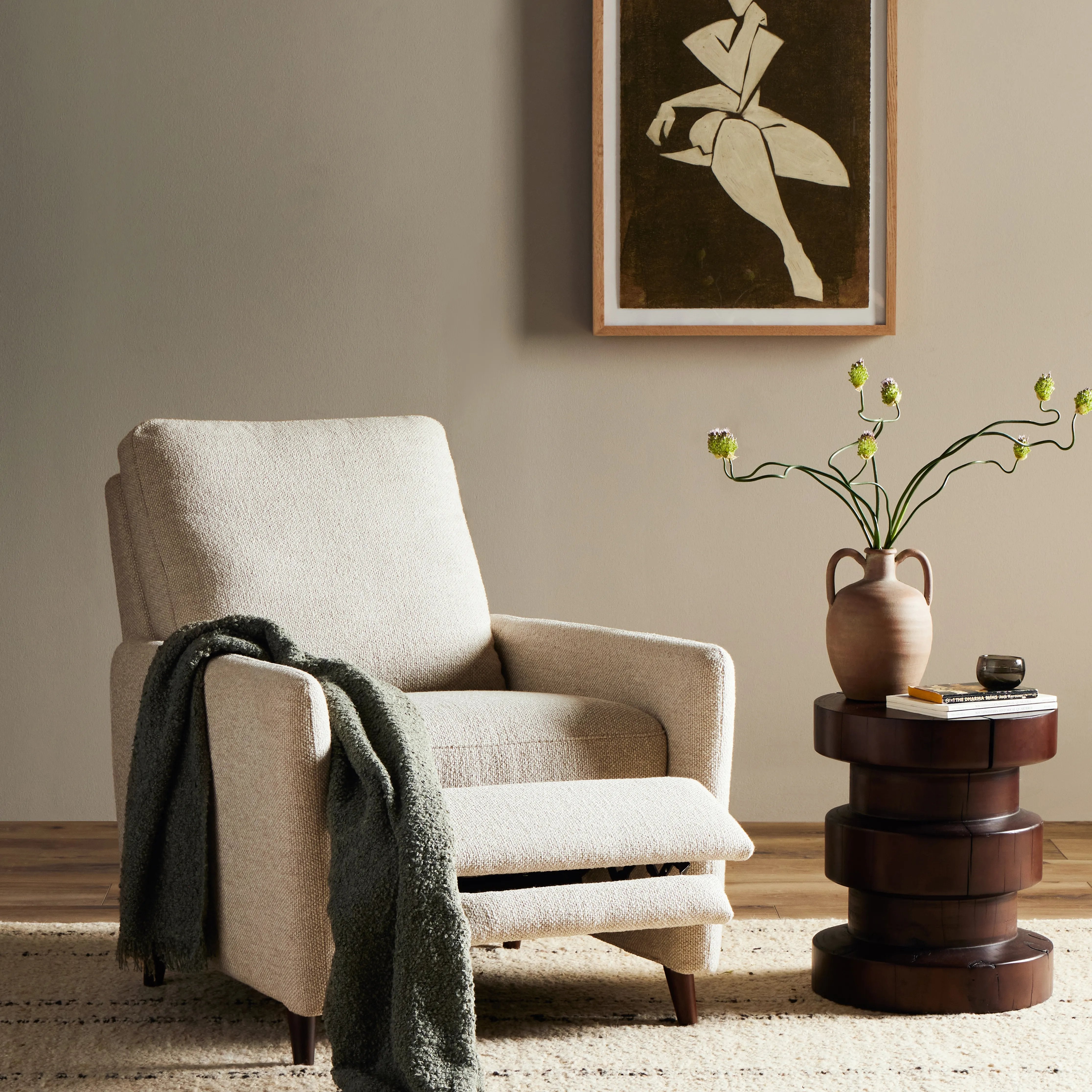 Featuring Wallen Nova Taupe Recliner by Four Hands at Amethyst Home. A midcentury-inspired recliner gets an update with subtle curves throughout. Designed with a hidden push-back reclining functionality and feather fiber blend cushioning, including a loose back cushion. Performance fabrics are specially created to withstand spills, stains, high traffic and . Amethyst Home provides interior design, new home construction design consulting, vintage area rugs, and lighting in the Park City metro area.