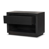Featuring Warby Worn Black Oak Nightstand by Four Hands at Amethyst Home. Solid acacia shapes a streamlined box-style nightstand, with lap joint corners for a detail-driven touch. Finished with smooth, push-latch drawer glides.Collection: BennettColors: Worn Black Oak ,Worn Black VeneerMaterials: Solid Oak ,Thick Oak Veneer Weight: 94.8 lbs. Amethyst Home provides interior design, new home construction design consulting, vintage area rugs, and lighting in the Washington metro area.