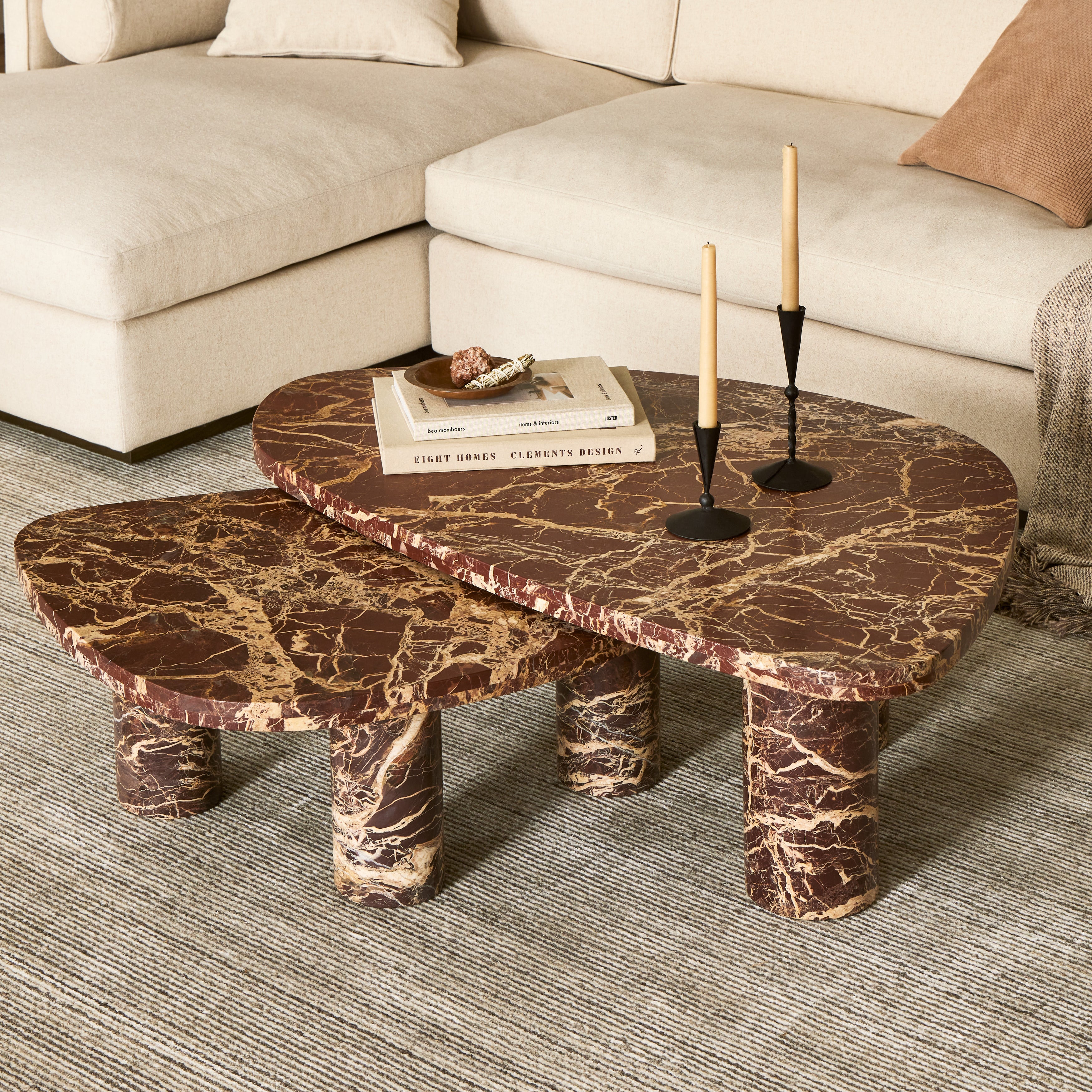 Featuring Zion Merlot Marble Coffee Table Set by Four Hands at Amethyst Home. Made from solid marble with visible natural veining, turned pillar-style legs complement organically shaped tabletops, perfectly sized for nesting. Option to buy tables individually or together as a two-piece set.
Collection: RockwellColors: Merlot MarbleMaterials: Solid MarbleOverall Dimensions: 48"W x 30. Amethyst Home provides interior design, new construction, custom furniture, and area rugs in the Dallas metro area.