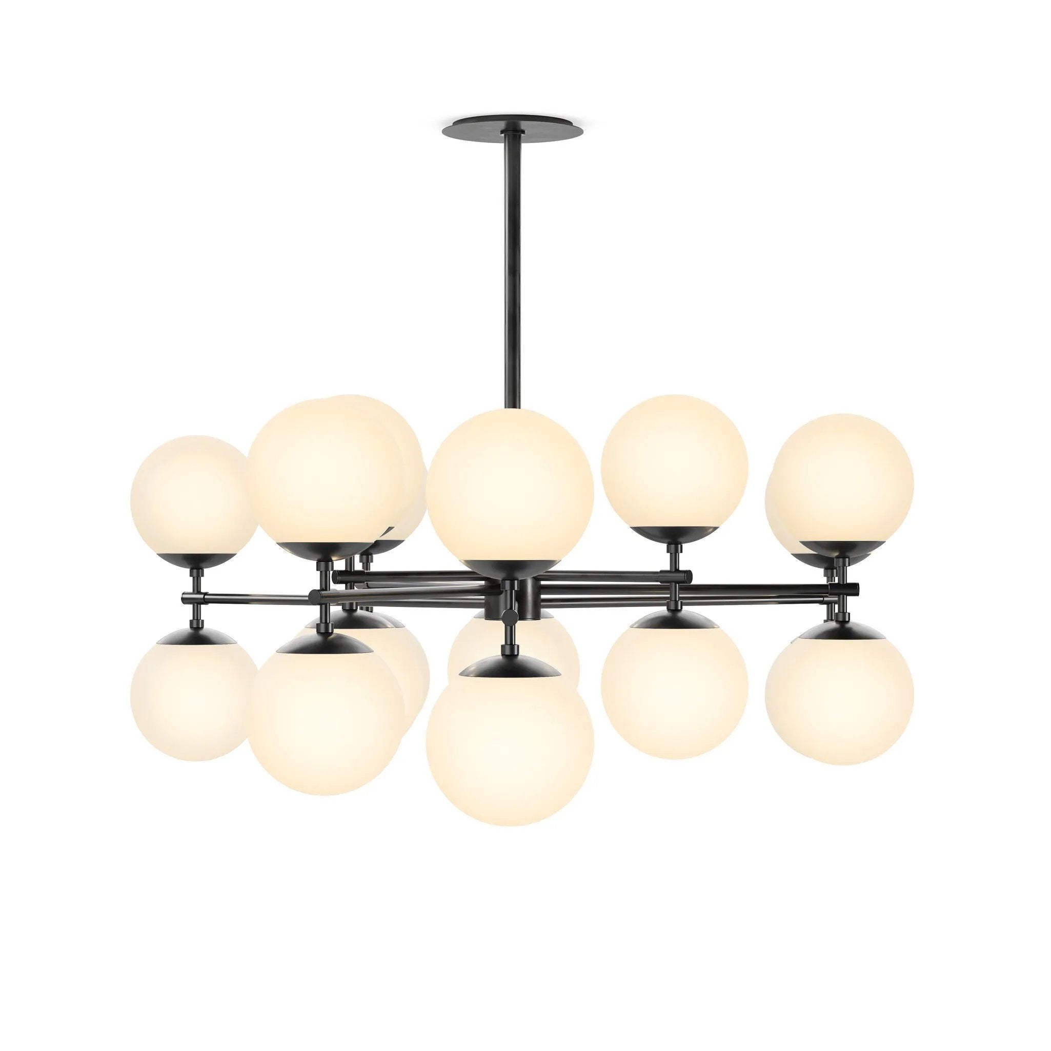 Featuring Zodiac Black Gunmetal Chandelier by Four Hands at Amethyst Home. Matte glass spheres seem to extend and reach across smooth brass rods. Each globe is individually blown, shaped and sculpted by hand through a one-hour process. Matte glass is specially manufactured to evenly diffuse light. The finish on the brass frame is achieved through a speci. Amethyst Home provides interior design, new home construction design consulting, vintage area rugs, and lighting in the Laguna Beach metro area.