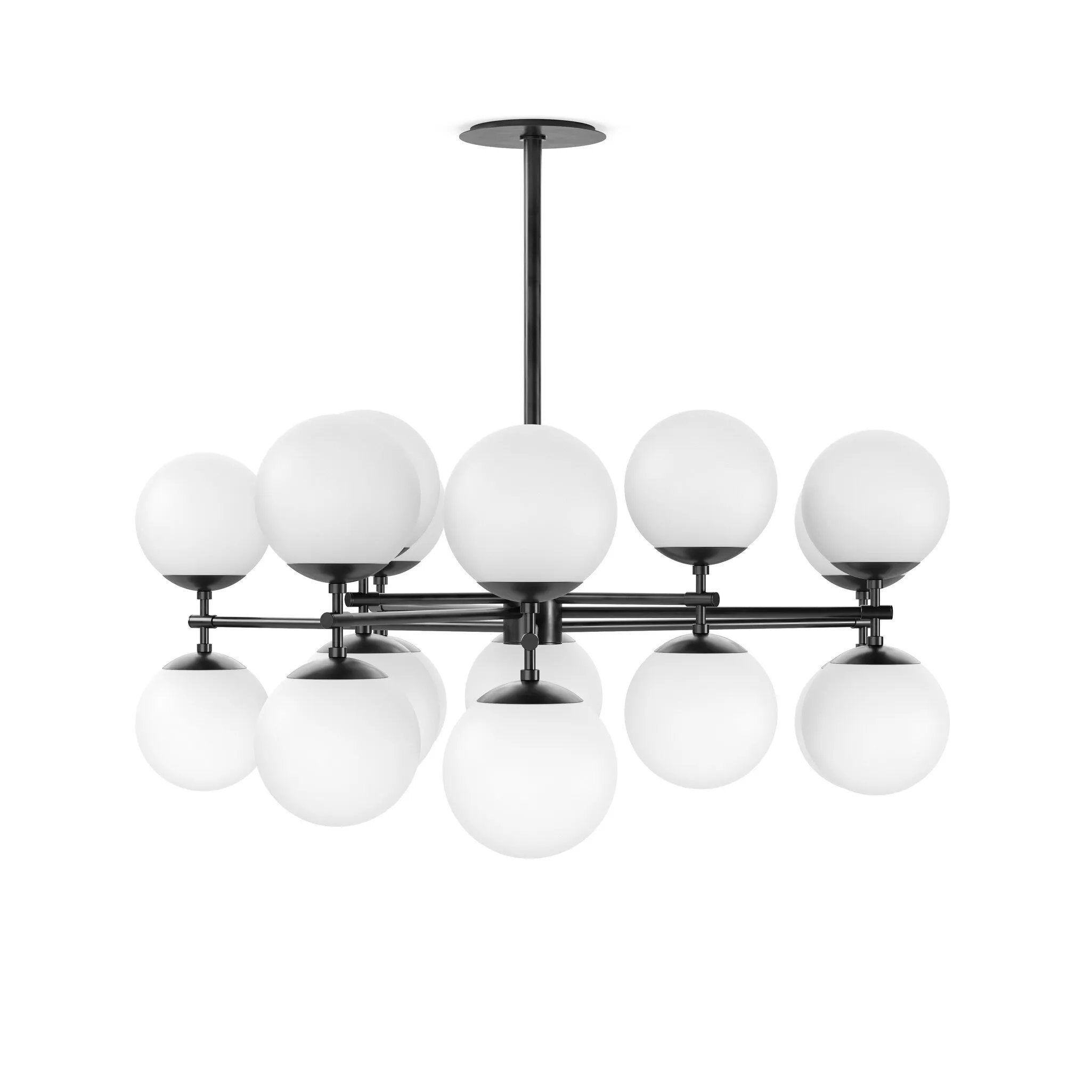 Featuring Zodiac Black Gunmetal Chandelier by Four Hands at Amethyst Home. Matte glass spheres seem to extend and reach across smooth brass rods. Each globe is individually blown, shaped and sculpted by hand through a one-hour process. Matte glass is specially manufactured to evenly diffuse light. The finish on the brass frame is achieved through a speciali. Amethyst Home provides interior design, new home construction design consulting, vintage area rugs, and lighting in the Nashville metro area.