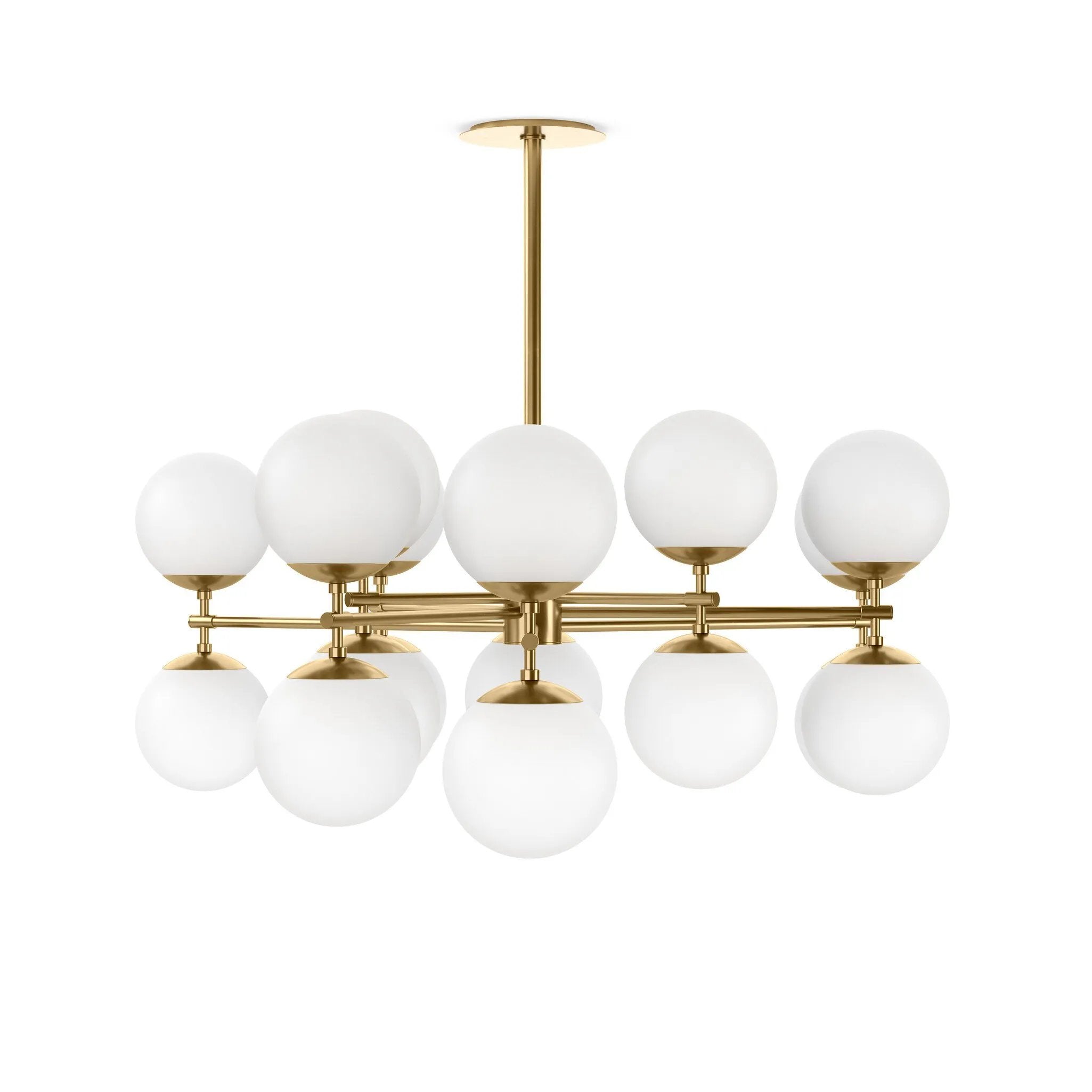 Featuring Zodiac Burnished Brass Chandelier by Four Hands at Amethyst Home. Matte glass spheres seem to extend and reach across smooth brass rods. Each globe is individually blown, shaped and sculpted by hand through a one-hour process. Matte glass is specially manufactured to evenly diffuse light. Brass and glass are 98% recyclable. Designed and sustainabl. Amethyst Home provides interior design, new home construction design consulting, vintage area rugs, and lighting in the Calabasas metro area.