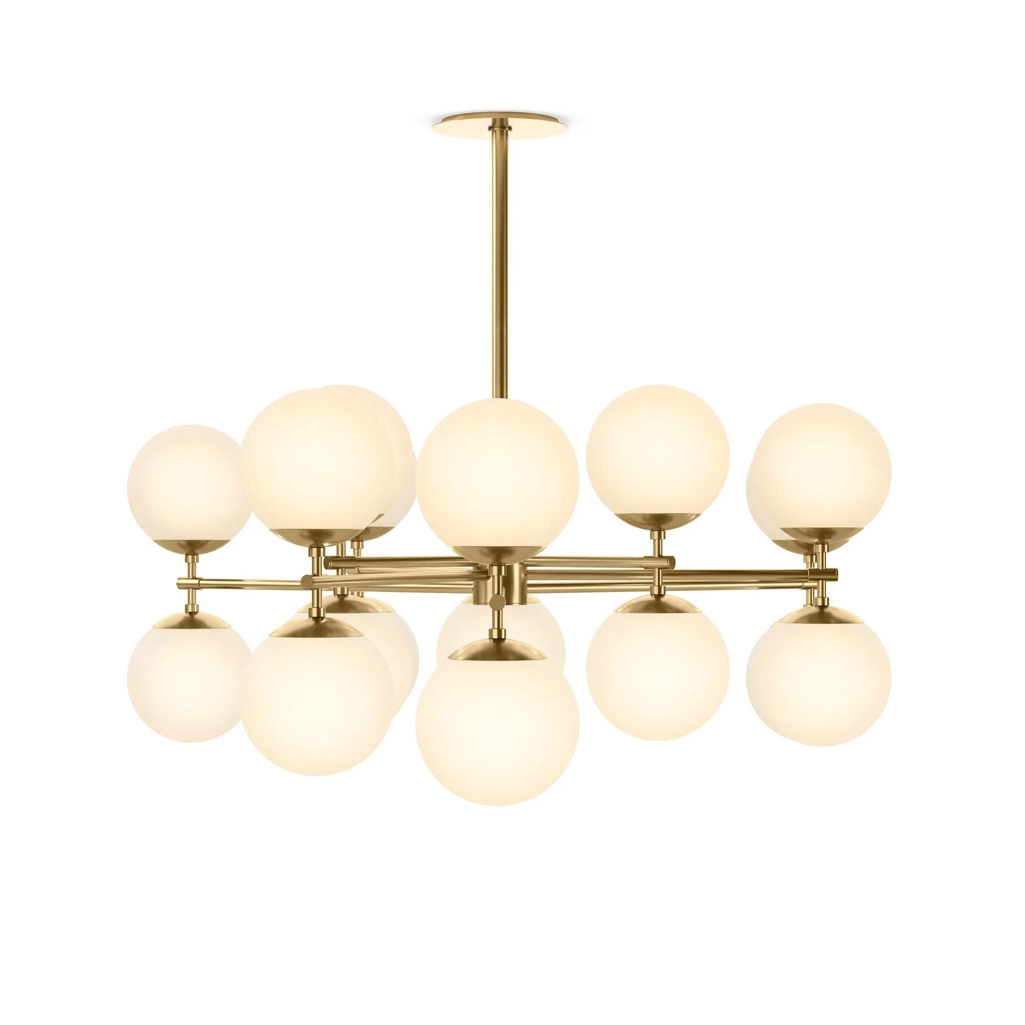 Featuring Zodiac Burnished Brass Chandelier by Four Hands at Amethyst Home. Matte glass spheres seem to extend and reach across smooth brass rods. Each globe is individually blown, shaped and sculpted by hand through a one-hour process. Matte glass is specially manufactured to evenly diffuse light. Brass and glass are 98% recyclable. Designed and sustainably cr. Amethyst Home provides interior design, new home construction design consulting, vintage area rugs, and lighting in the Tampa metro area.