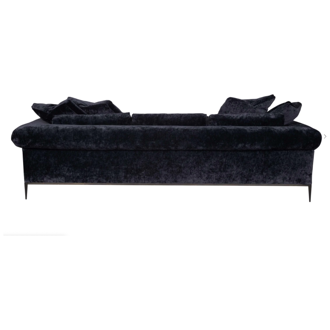 Featuring Henrietta Upholstered Sofa by Cisco Brothers at Amethyst Home. This dapper sofa has a distinctive style, with elegant roll arms and metal black-rust legs. Update your space with this mid-century influenced piece. This is an Amethyst favorite -- we love that the velvet can read black or navy depending on the natural light and time of day.
Henrietta 9. Amethyst Home provides interior design, new home construction design consulting, vintage area rugs, and lighting in the Dallas metro area.