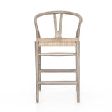Featuring Muestra Counter + Bar Stool - Weathered Grey by Four Hands at Amethyst Home. Modern curves redefine the classic wishbone-style counter stool. Vintage white all-weather wicker is woven for a dose of fresh texture within weathered grey teak framing. Cover or store indoors during inclement weather and when not in use.
Counter Stool Overall Size:.  Amethyst Home provides interior design, new home construction design consulting, vintage area rugs, and lighting in the Winter Garden metro area.
