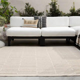 Featuring Continuum Quantum Rug by Jaipur Living at Amethyst Home. The Continuum collection brings the classic sisal look to outdoor spaces and high-traffic indoor areas. The soft Axiom design features an abstract, geometric pattern with cream high-low pile for added dimension. The polypropylene fibers are stain and water resistant for an easy-care accent piece. Amethyst Home provides interior design, new home construction design consulting, vintage area rugs, and lighting in the Tampa metro area.