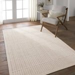 Featuring Continuum Quantum Rug by Jaipur Living at Amethyst Home. The Continuum collection brings the classic sisal look to outdoor spaces and high-traffic indoor areas. The soft Axiom design features an abstract, geometric pattern with cream high-low pile for added dimension. The polypropylene fibers are stain and water resistant for an easy-care accent . Amethyst Home provides interior design, new home construction design consulting, vintage area rugs, and lighting in the Washington metro area.