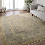 Featuring Cyprus Gray Kyrenia Hand-Knotted Rug by Jaipur Living at Amethyst Home. The hand-knotted Cyprus collection showcases a modern representation of vintage Kars designs with clean-lined geometric details and fresh colorways. The gray, sage, and cream Kyrenia design delights with an antique medallion pattern and a similarly styled border. Low pile and naturally stain resistant . Amethyst Home provides interior design, new construction, custom furniture, and area rugs in the Austin metro area.
