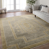 Featuring Cyprus Gray Kyrenia Hand-Knotted Rug by Jaipur Living at Amethyst Home. The hand-knotted Cyprus collection showcases a modern representation of vintage Kars designs with clean-lined geometric details and fresh colorways. The gray, sage, and cream Kyrenia design delights with an antique medallion pattern and a similarly styled border. Low pile and naturally stain resistant . Amethyst Home provides interior design, new construction, custom furniture, and area rugs in the Austin metro area.