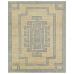 Featuring Cyprus Nicosia Asparagus Hand-Knotted Rug by Jaipur Living at Amethyst Home. The hand-knotted Cyprus collection showcases a modern representation of vintage Kars designs with clean-lined geometric details and fresh colorways. The blue, cream, gray, and caramel colored Nicosia design delights with a minimalistic medallion pattern and multiple borders. Low pile and natura. Amethyst Home provides interior design, new construction, custom furniture, and area rugs in the Nashville metro area.