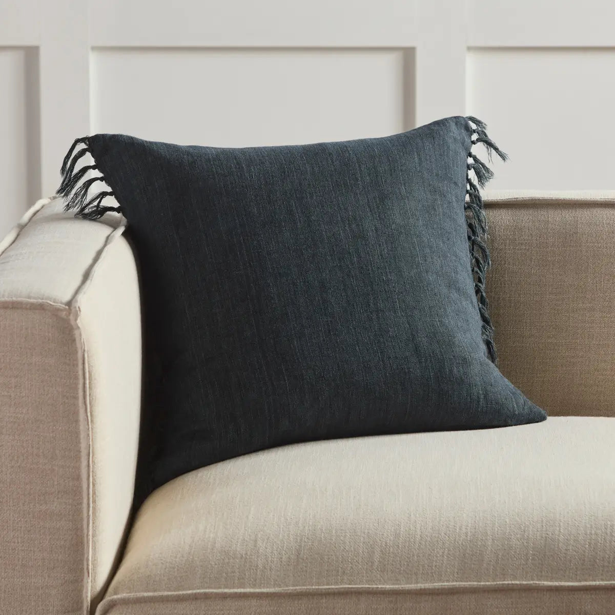 Featuring Jemina Dark Slate Pillow by Jaipur Living at Amethyst Home. The Jemina Dark Slate Pillow boasts an assortment of relaxed linen designs with rustic-style knotted tassels lining the sides. The comfortable Majere throw pillow delights with a bold navy hue and subtle bohemian vibe that perfectly accents sofas, chairs, and beds alike. This casual yet sophisticated pillow thrives in in. Amethyst Home provides interior design services, furniture, rugs, and lighting in the Des Moines metro area.