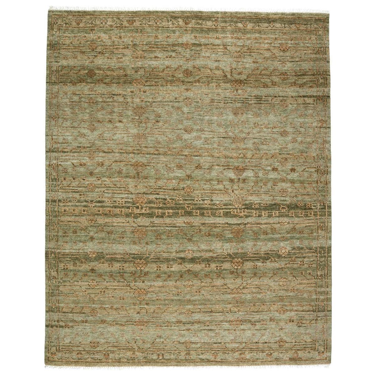 Featuring Jinsen Augusta Hand-Knotted Rug by Jaipur Living at Amethyst Home. The hand-knotted Jinsen Augusta features a fresh incarnation of the vintage Turkish textile look. Classic in pattern and modern in color, the Augusta rug boasts a beautiful palette of green, burnished gold, and hints of taupe featuring distinct dye-lot details and subtle fringe. Th. Amethyst Home provides interior design, new home construction design consulting, vintage area rugs, and lighting in the Nashville metro area.