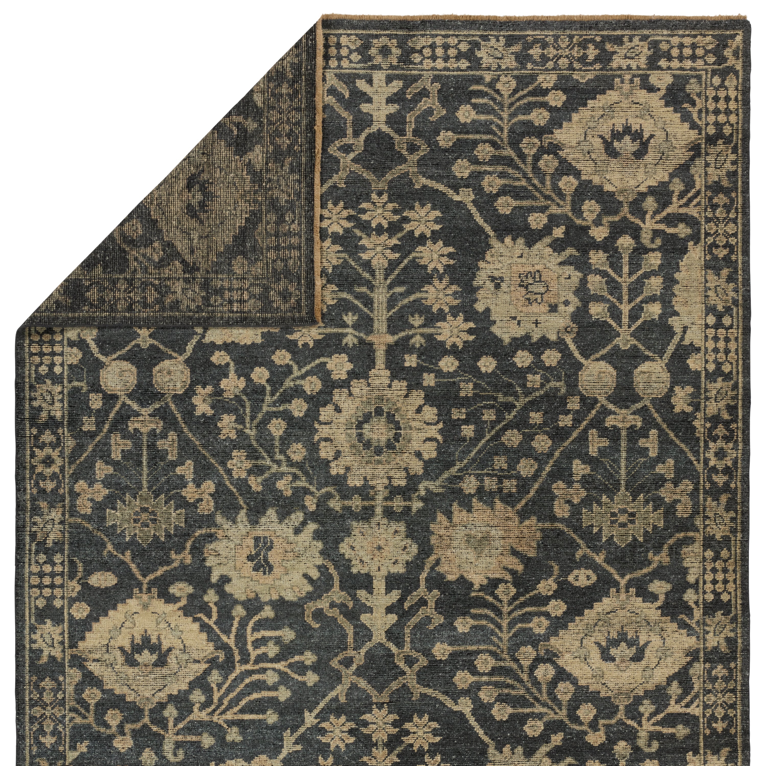 Featuring Rhapsody Maeli Hand-Knotted Rug by Jaipur Living at Amethyst Home. The Rhapsody collection features heirloom-quality designs of stunningly abrashed Old World patterns. The Maeli area rug boasts a beautifully washed Oushak motif with a decorative border. The dark gray tones are accented with khaki, cream, green, and beige hues for added depth and intrigue. This durable w. Amethyst Home provides interior design, new construction, custom furniture, and area rugs in the Calabasas metro area.