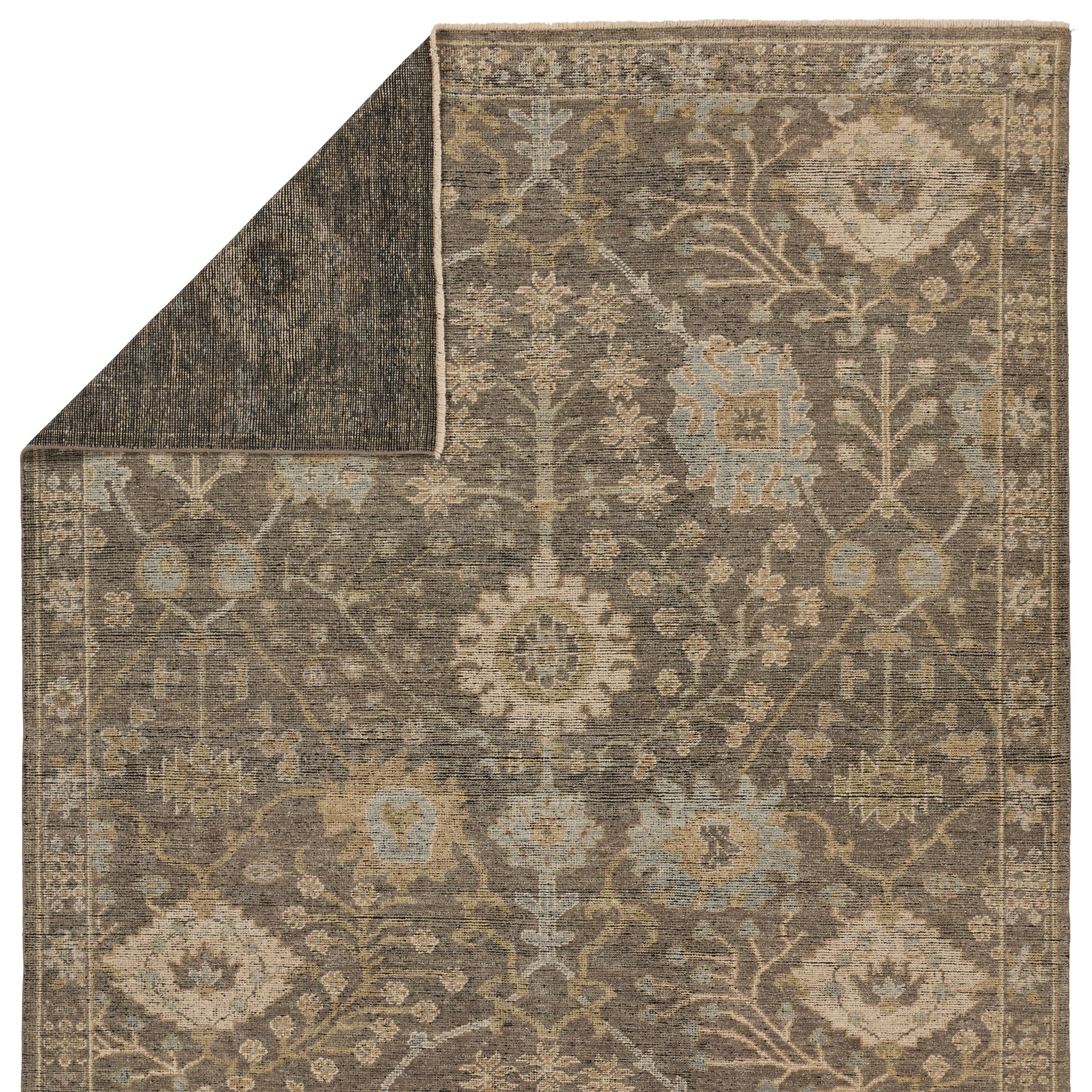 Featuring Rhapsody Gray Maeli Hand-Knotted Rug by Jaipur Living at Amethyst Home. The Rhapsody collection features heirloom-quality designs of stunningly abrashed Old World patterns. The Maeli area rug boasts a beautifully washed Oushak motif with a decorative border. The gray tones are accented with cream, black, brown, and green hues for added depth and intrigue. This durable wool. Amethyst Home provides interior design, new construction, custom furniture, and area rugs in the Austin metro area.