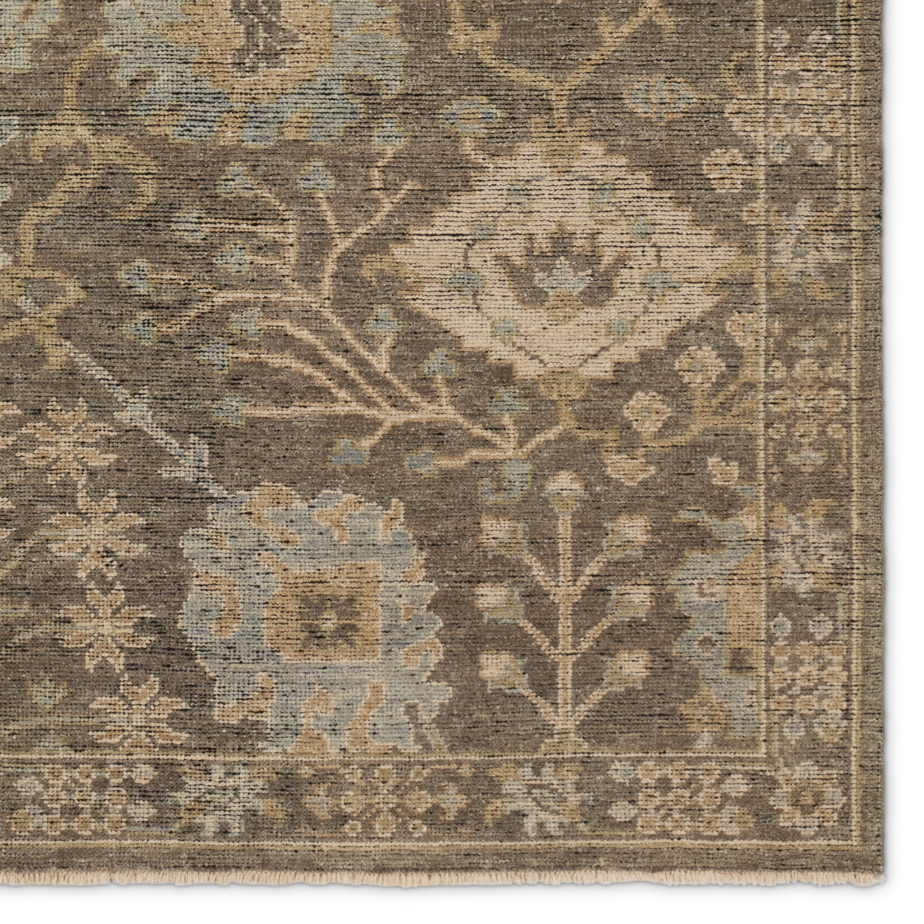 Featuring Rhapsody Gray Maeli Hand-Knotted Rug by Jaipur Living at Amethyst Home. The Rhapsody collection features heirloom-quality designs of stunningly abrashed Old World patterns. The Maeli area rug boasts a beautifully washed Oushak motif with a decorative border. The gray tones are accented with cream, black, brown, and green hues for added depth and intrigue. This durab. Amethyst Home provides interior design, new construction, custom furniture, and area rugs in the Winter Garden metro area.
