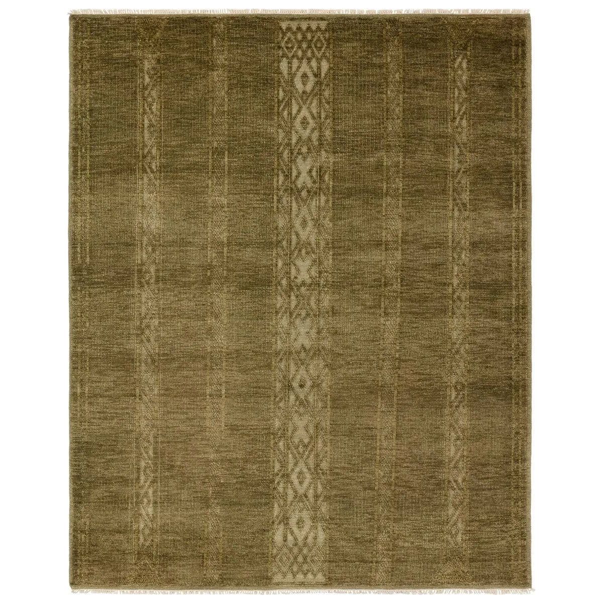 Featuring Tapeten Achala Hand-Knotted Rug by Jaipur Living at Amethyst Home. The hand-knotted Tapeten Achala features globally inspired designs that evoke a balance of tradition and modernity. The Achala pattern stuns with a high-low effect that distinguishes the olive green, geometric, striped pattern. Naturally water- and stain-resistant, the 100% wool p. Amethyst Home provides interior design, new home construction design consulting, vintage area rugs, and lighting in the Alpharetta metro area.