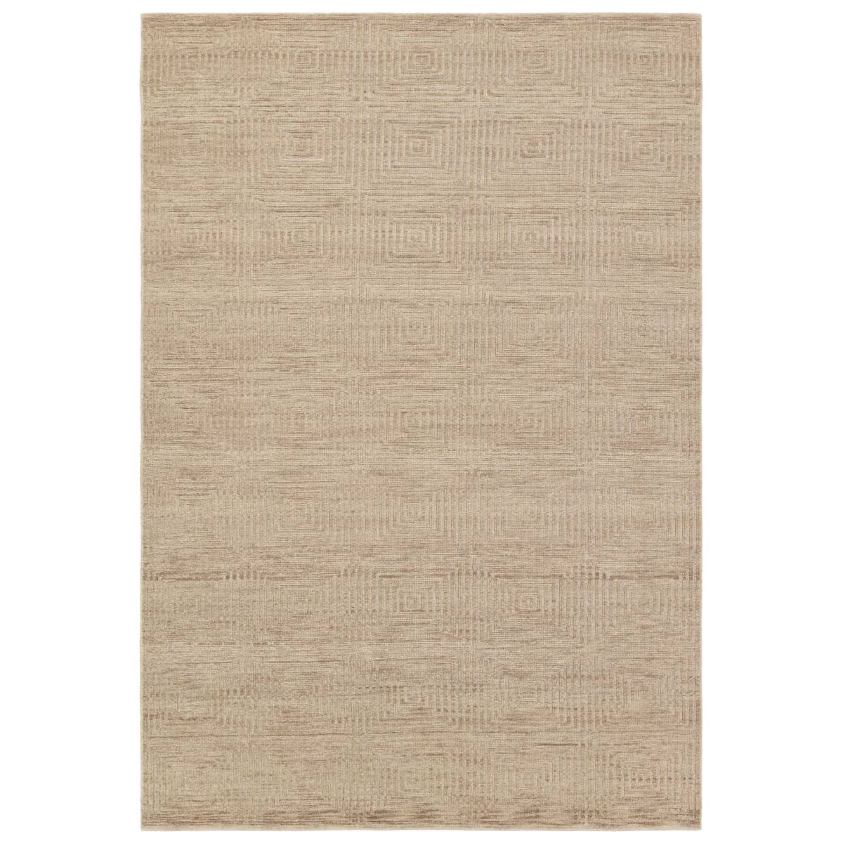 Featuring Tasa Pennant Hand-Knotted Rug by Jaipur Living at Amethyst Home. The Tasa collection features intriguing designs in solid hues, hand-knotted by artisans in India for durability and quality. The Pennant rug showcases a geometric tile design created with alternating high and low piles. Short, wool pile in a natural, tan hue provides a grounding acc. Amethyst Home provides interior design, new home construction design consulting, vintage area rugs, and lighting in the Des Moines metro area.