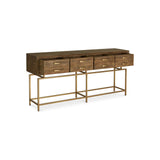 Best describe as a show stopper, the Annecy console table features an art-deco inspired aesthetic with a rustic twist. Made from reclaimed fir wood, it will withstand major wear and tear. Four deep drawers that seem to float above the brass finished frame makes it practical to keep essentials handy and airy at your entry way Amethyst Home provides interior design, new home construction design consulting, vintage area rugs, and lighting in the Houston metro area.