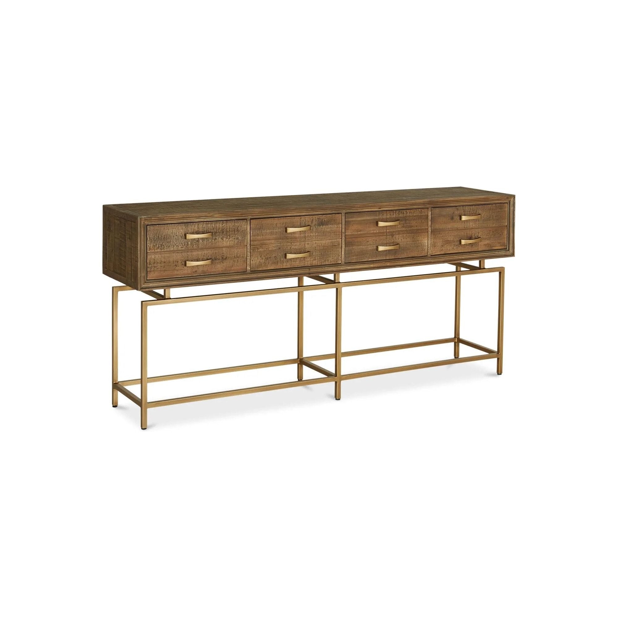 Best describe as a show stopper, the Annecy console table features an art-deco inspired aesthetic with a rustic twist. Made from reclaimed fir wood, it will withstand major wear and tear. Four deep drawers that seem to float above the brass finished frame makes it practical to keep essentials handy and airy at your entry way Amethyst Home provides interior design, new home construction design consulting, vintage area rugs, and lighting in the Seattle metro area.