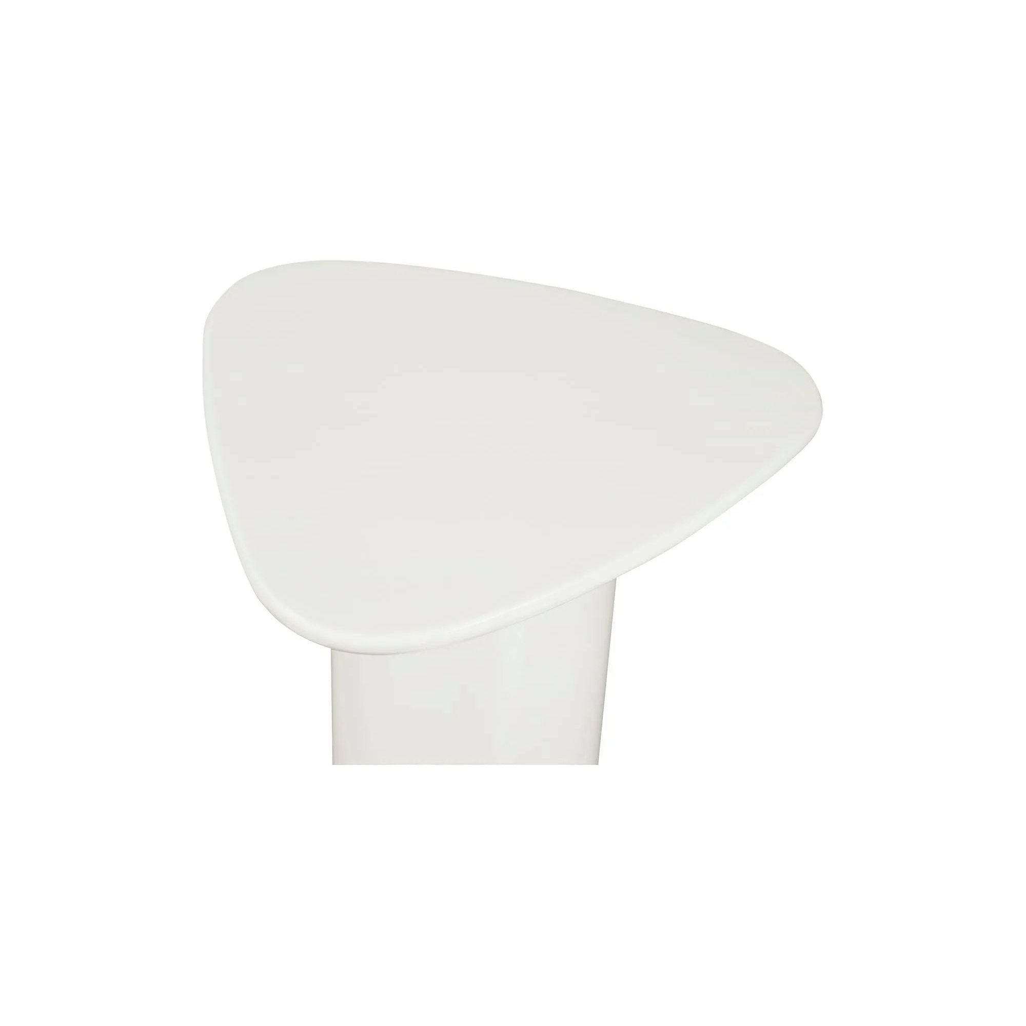 The Eden accent table features a rounded triangular shape and oval pedestal base, creating a sculptural silhouette that exudes modern sophistication. An ivory white and black high gloss finishes this table's surface, reflecting light, brightening and opening up any space Amethyst Home provides interior design, new home construction design consulting, vintage area rugs, and lighting in the Los Angeles metro area.