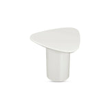 The Eden accent table features a rounded triangular shape and oval pedestal base, creating a sculptural silhouette that exudes modern sophistication. An ivory white and black high gloss finishes this table's surface, reflecting light, brightening and opening up any space Amethyst Home provides interior design, new home construction design consulting, vintage area rugs, and lighting in the Miami metro area.