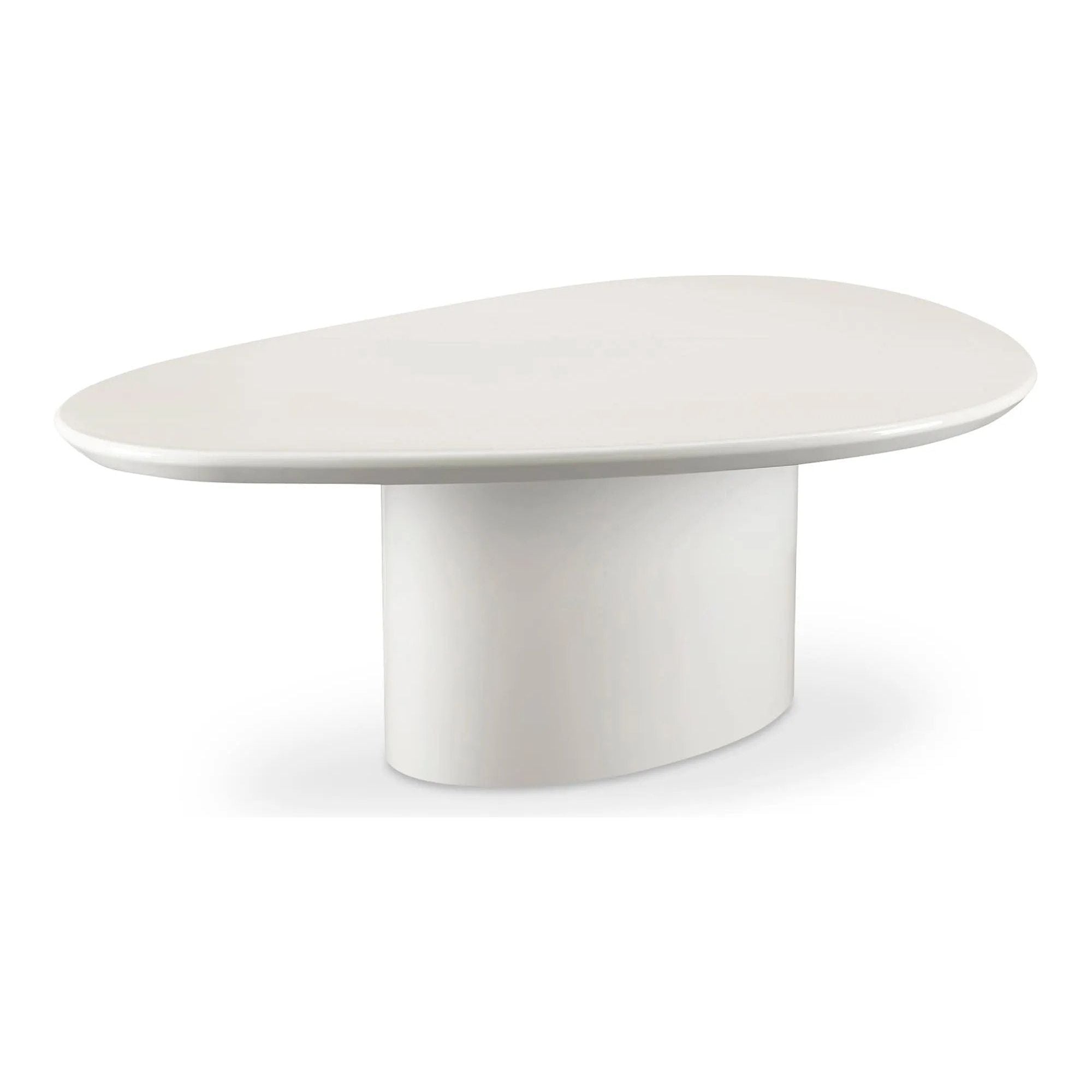 The Eden coffee table features a rounded triangular shape and oval pedestal base, creating a scultural silhouette that exudes modern sophistication. An ivory white and black high gloss finishes this coffee table's surface, reflecting light, brightening and opening up any space Amethyst Home provides interior design, new home construction design consulting, vintage area rugs, and lighting in the Houston metro area.