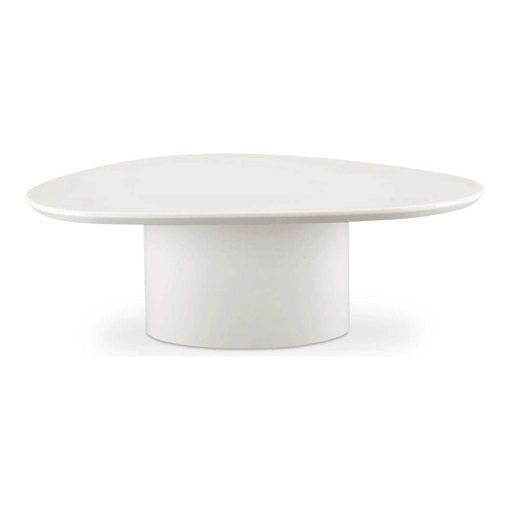 The Eden coffee table features a rounded triangular shape and oval pedestal base, creating a scultural silhouette that exudes modern sophistication. An ivory white and black high gloss finishes this coffee table's surface, reflecting light, brightening and opening up any space Amethyst Home provides interior design, new home construction design consulting, vintage area rugs, and lighting in the Seattle metro area.