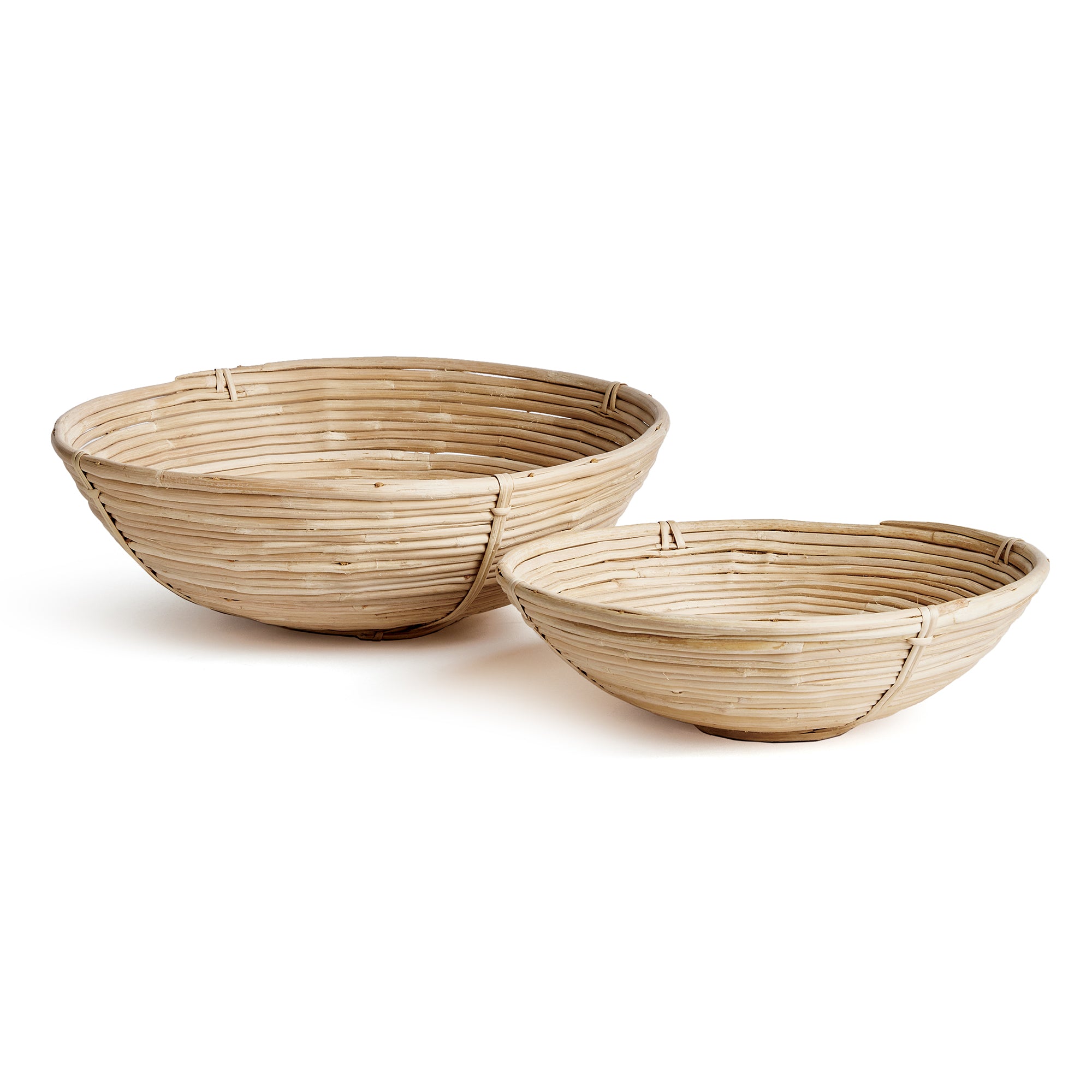 This oversized low bowl cane rattan set of two are stacked, not woven creating a more substantial basket. With a light and refined look, cane rattan is at home in the modern to transitional space. Amethyst Home provides interior design, new construction, custom furniture, and area rugs in the Calabasas metro area.