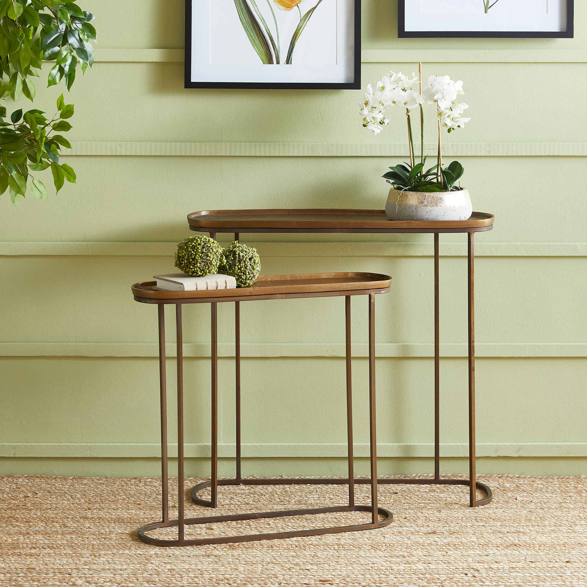 Nested console… what a concept! In an electroplated cast aluminum top and iron legs, these two pieces fit together nicely, or can be separated to accommodate your layout. Innovative and beautiful, indeed. Amethyst Home provides interior design, new construction, custom furniture, and area rugs in the Tampa metro area.